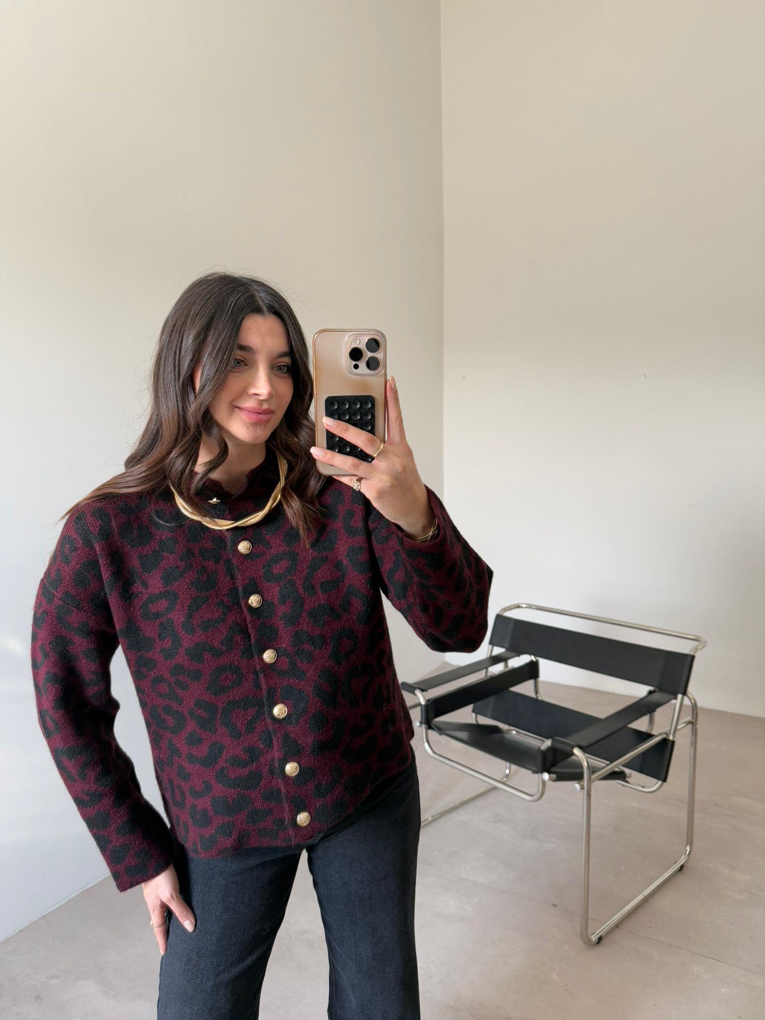 Bordo Leopar Desenli Gold Düğmeli Hırka