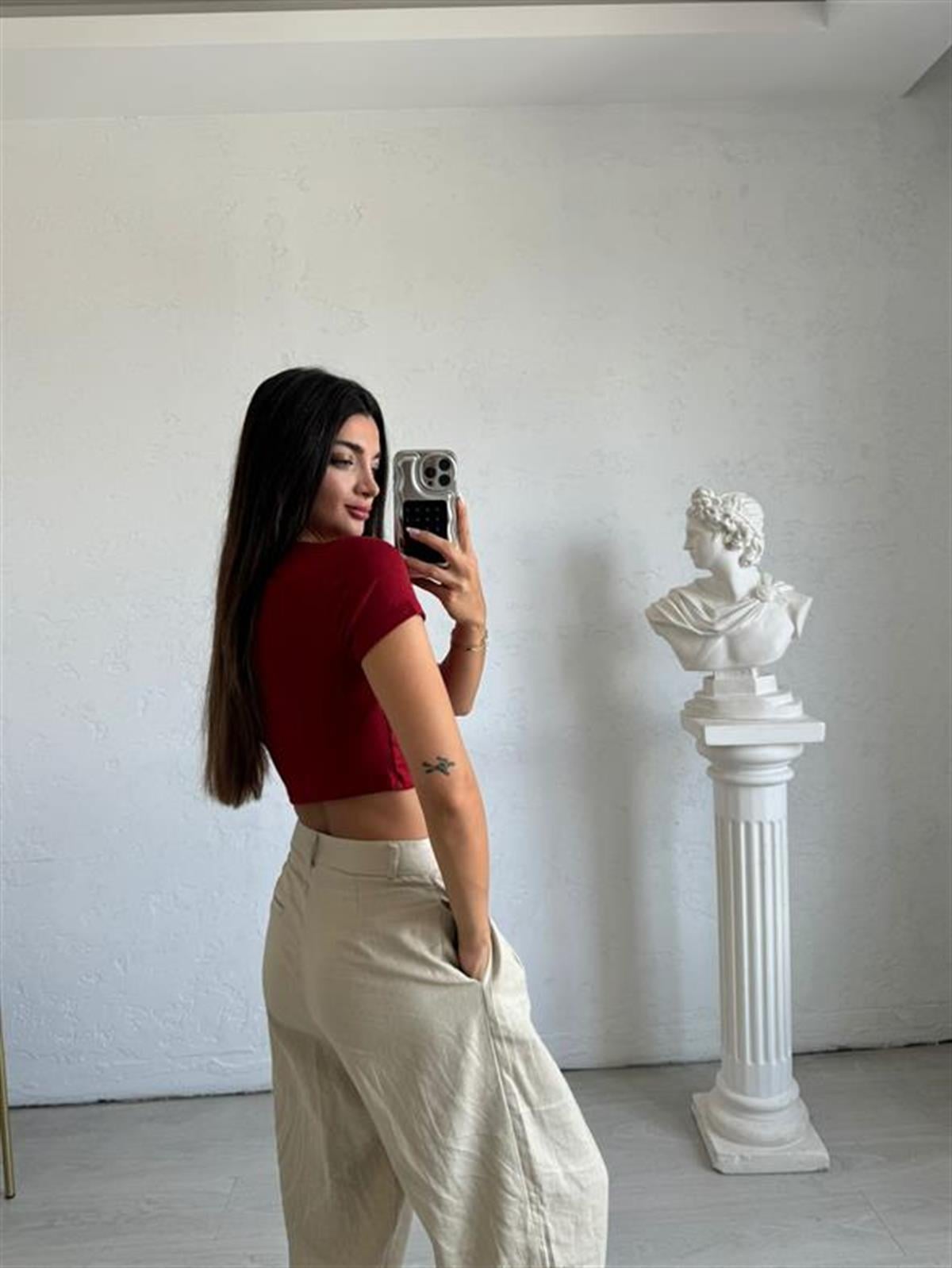 Bordo Likralı Esnek Leo Crop Tişört