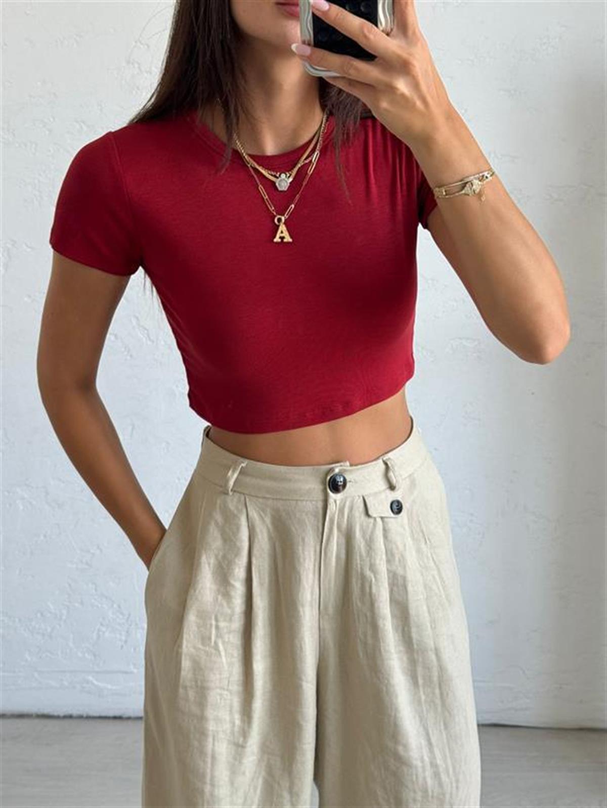 Bordo Likralı Esnek Leo Crop Tişört