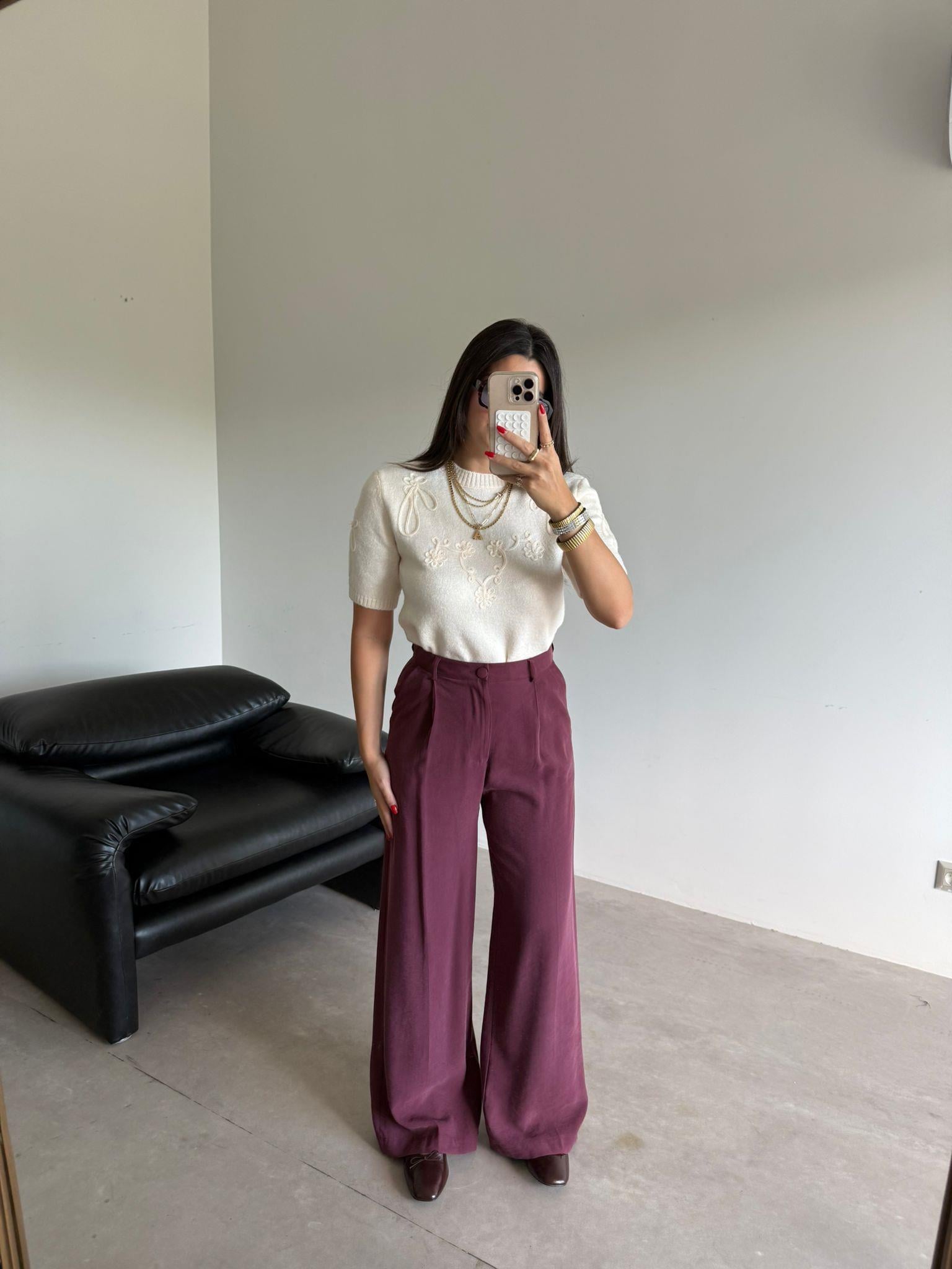 Bordo  Pileli Kylie Palazzo Pantolon