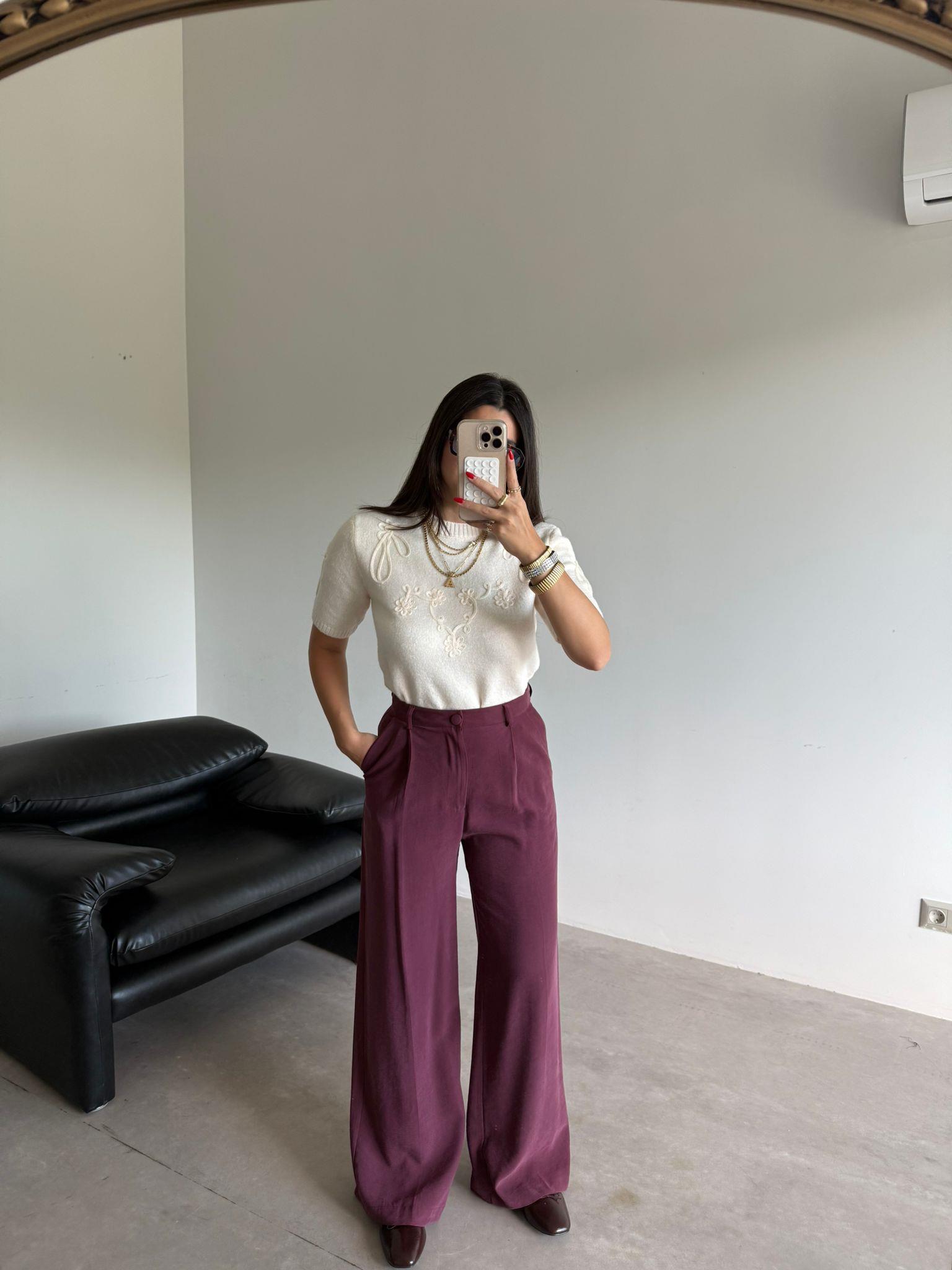 Bordo  Pileli Kylie Palazzo Pantolon