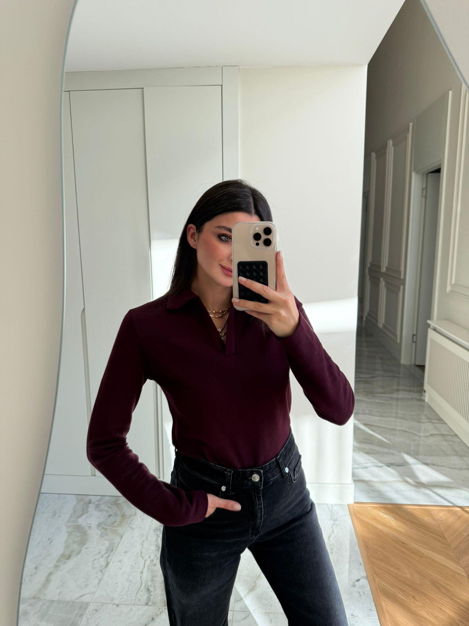 Bordo Polo Yaka Örme Bluz