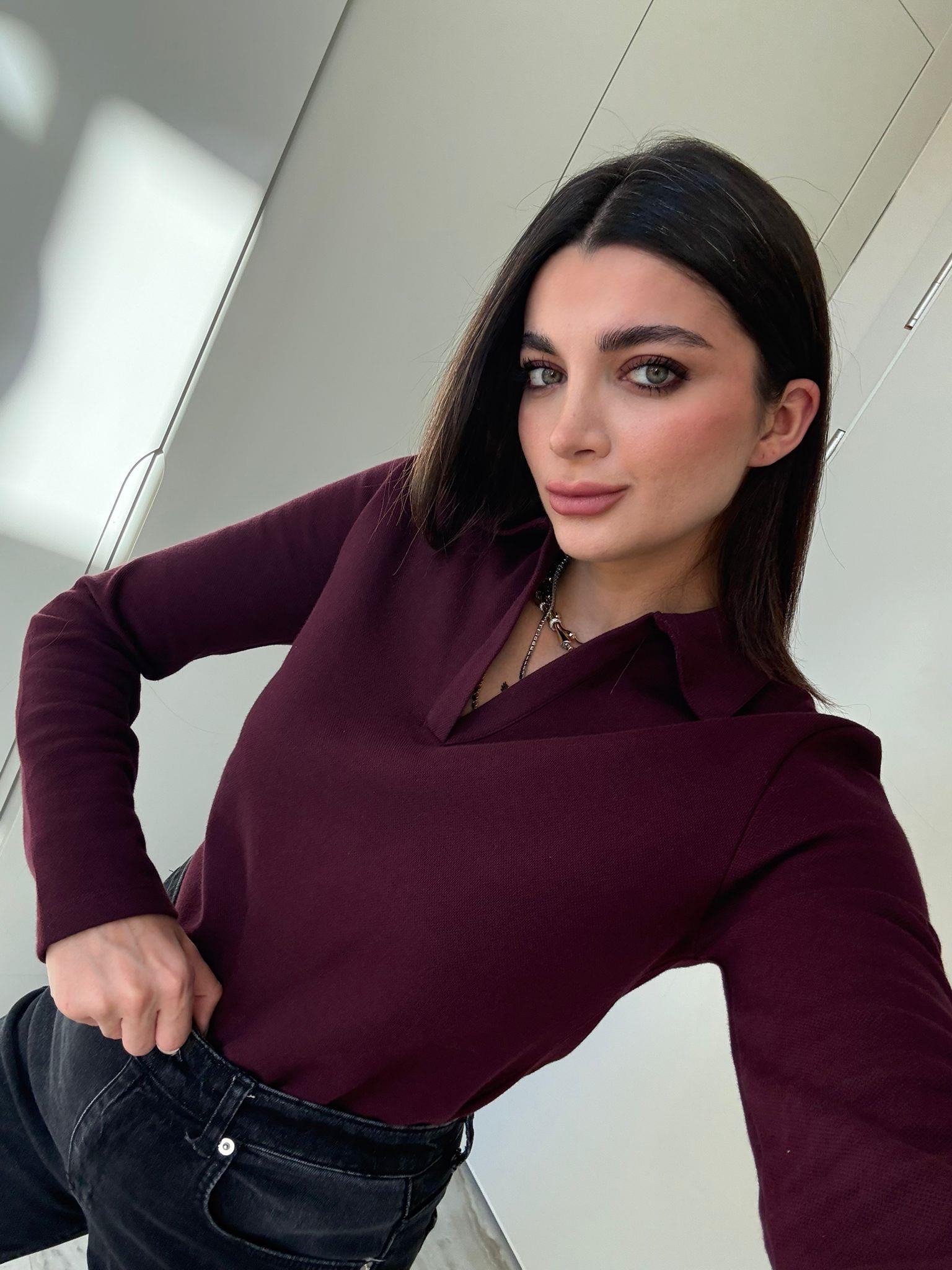 Bordo Polo Yaka Örme Bluz