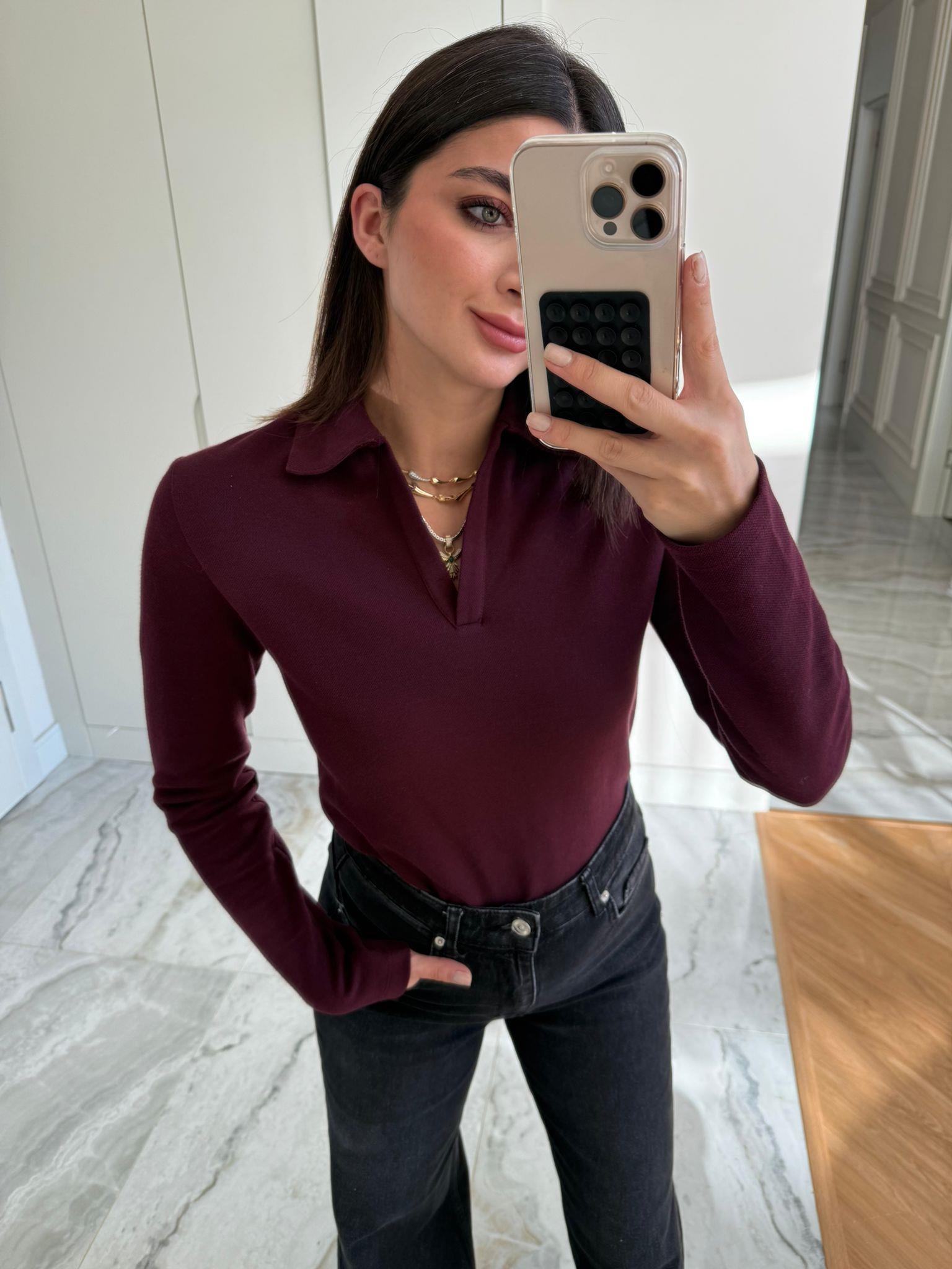 Bordo Polo Yaka Örme Bluz