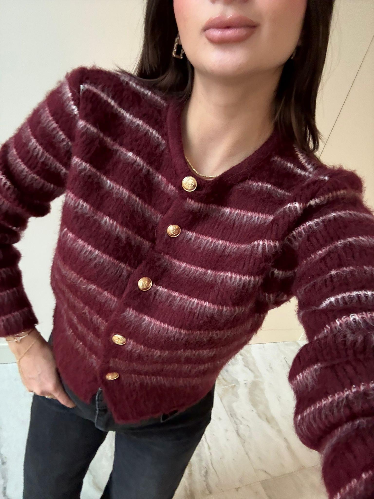 Bordo Şerit Detaylı Gold Düğmeli Hırka