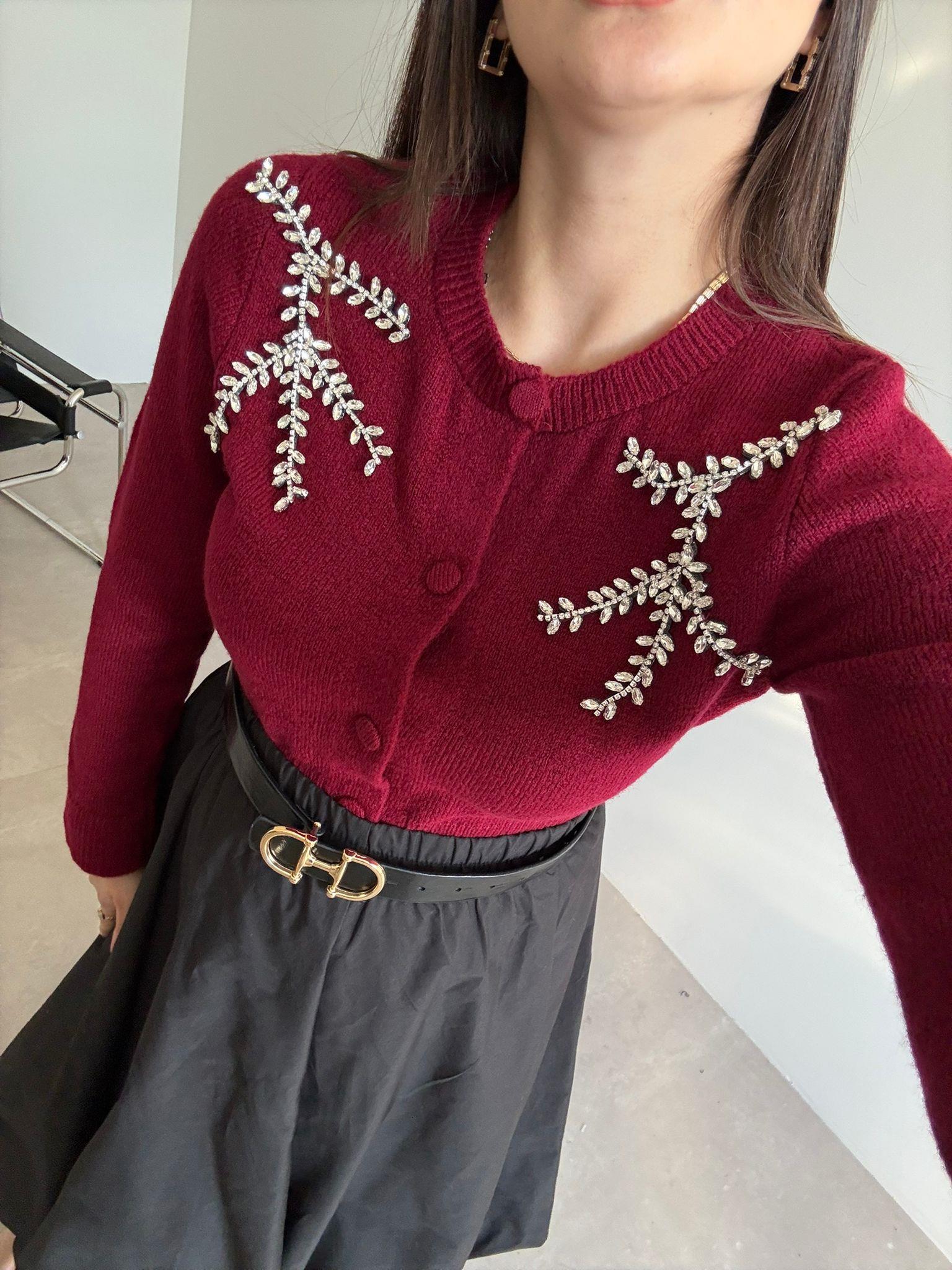 Bordo Taşlı Hırka