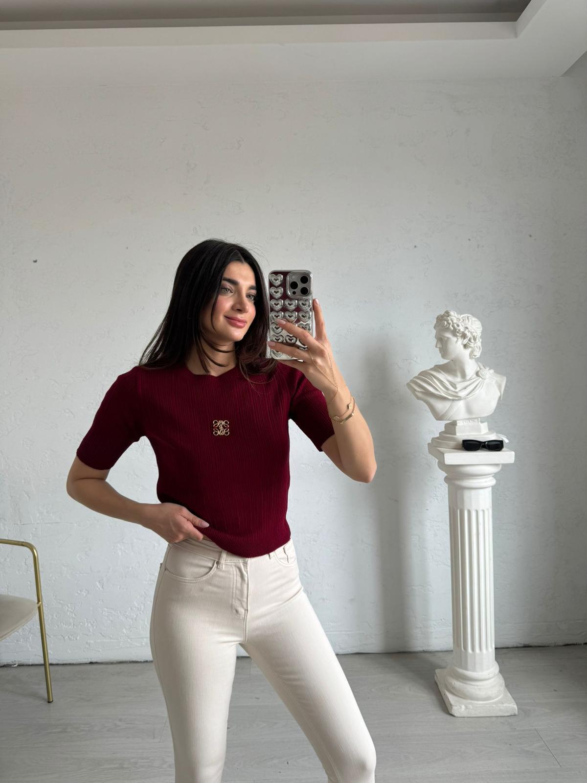 Bordo Toka Detaylı Triko Bluz