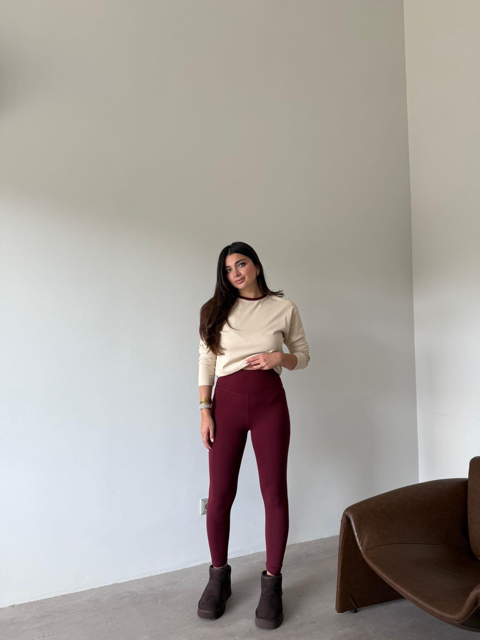 Bordo Toparlayıcı Likralı Sporcu Tayt