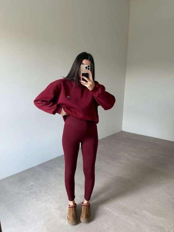 Bordo Toparlayıcı Likralı Sporcu Tayt