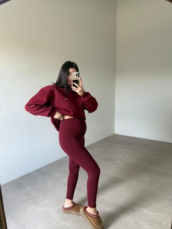 Bordo Toparlayıcı Likralı Sporcu Tayt