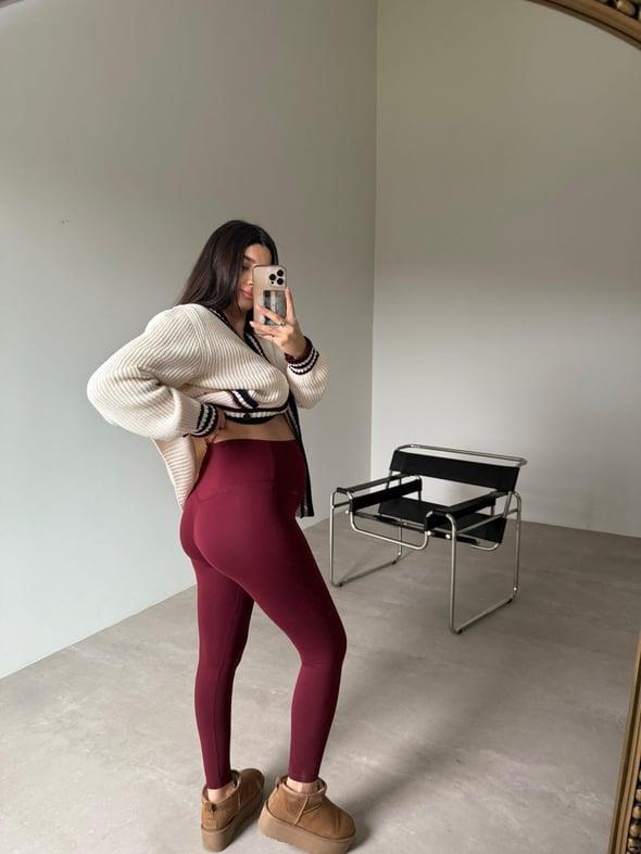 Bordo Toparlayıcı Likralı Sporcu Tayt