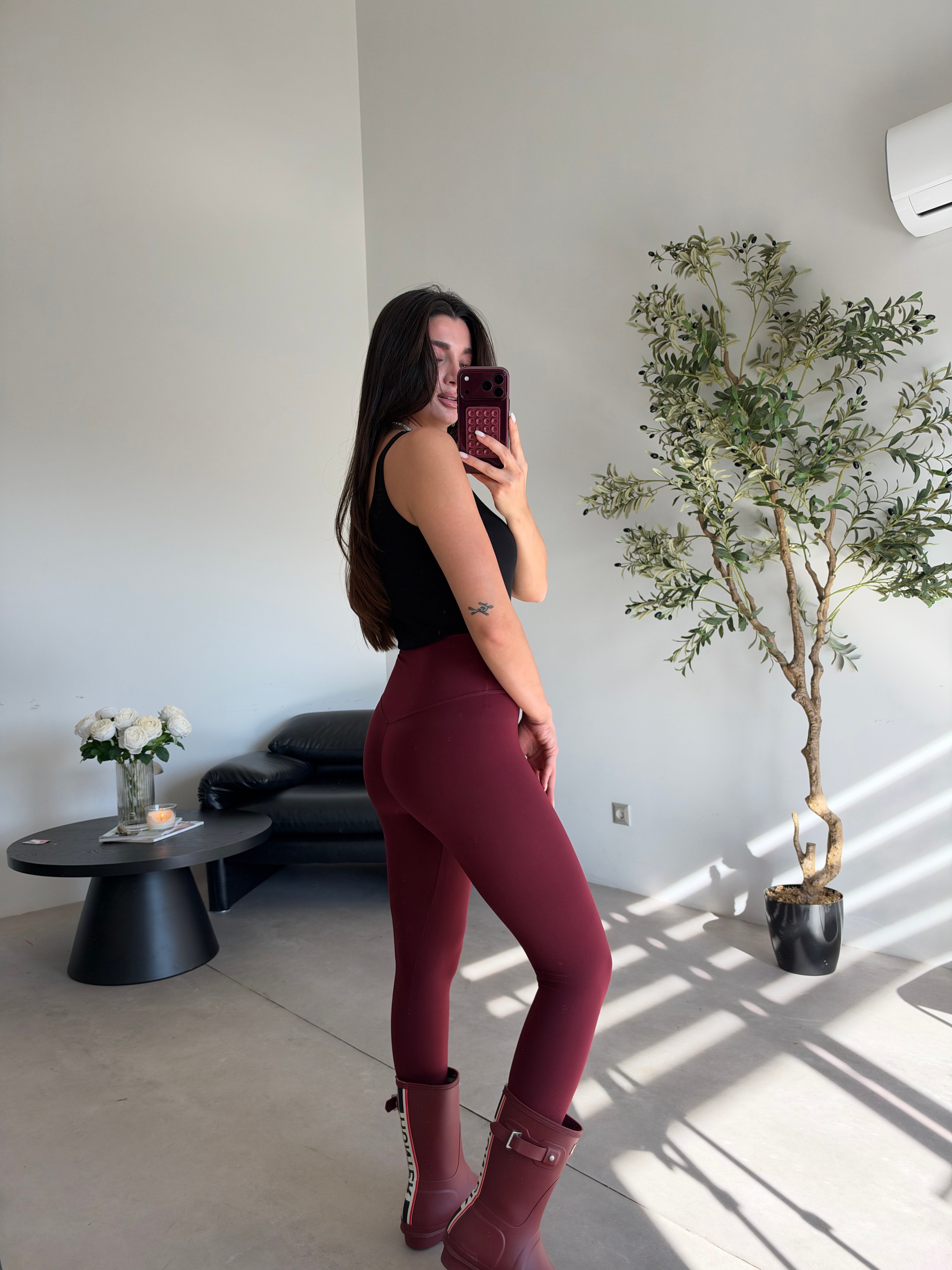 Bordo Toparlayıcı Likralı Sporcu Tayt