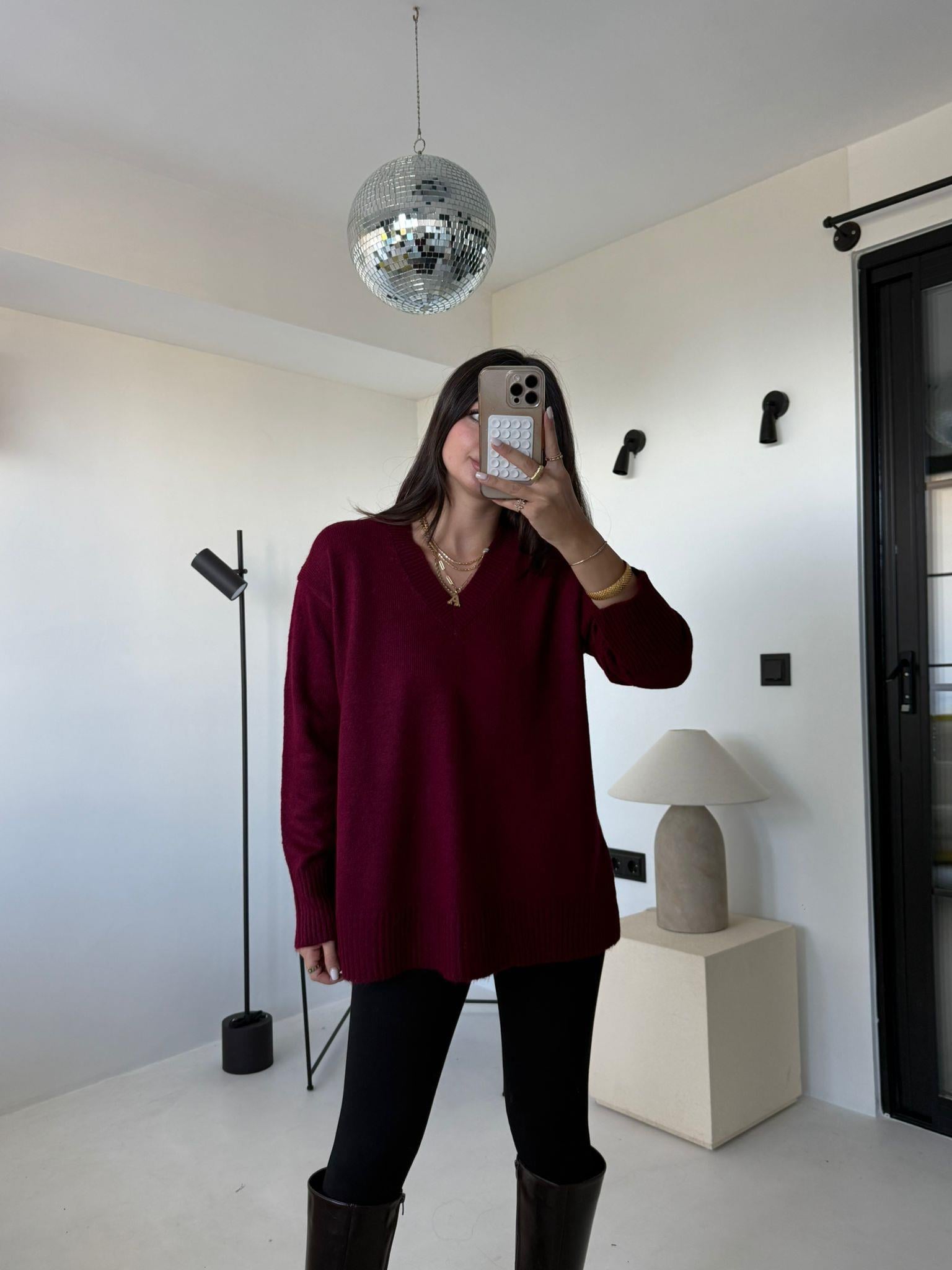 Bordo V Yaka Oversize Kazak