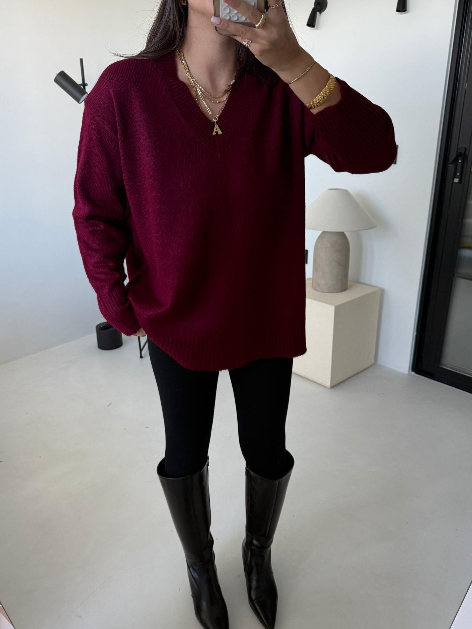 Bordo V Yaka Oversize Kazak