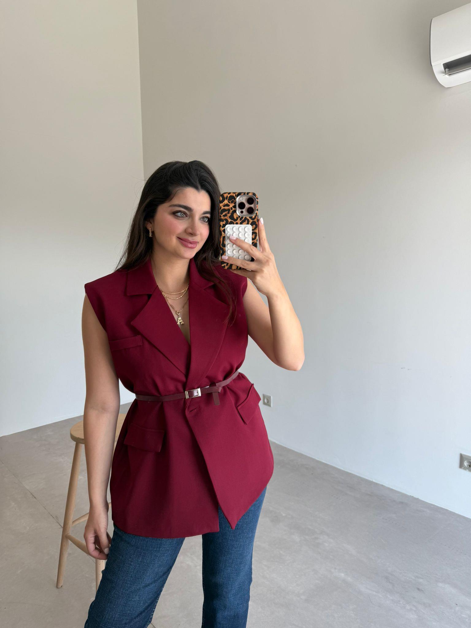 Bordo Vatka Detaylı Kemerli Yelek