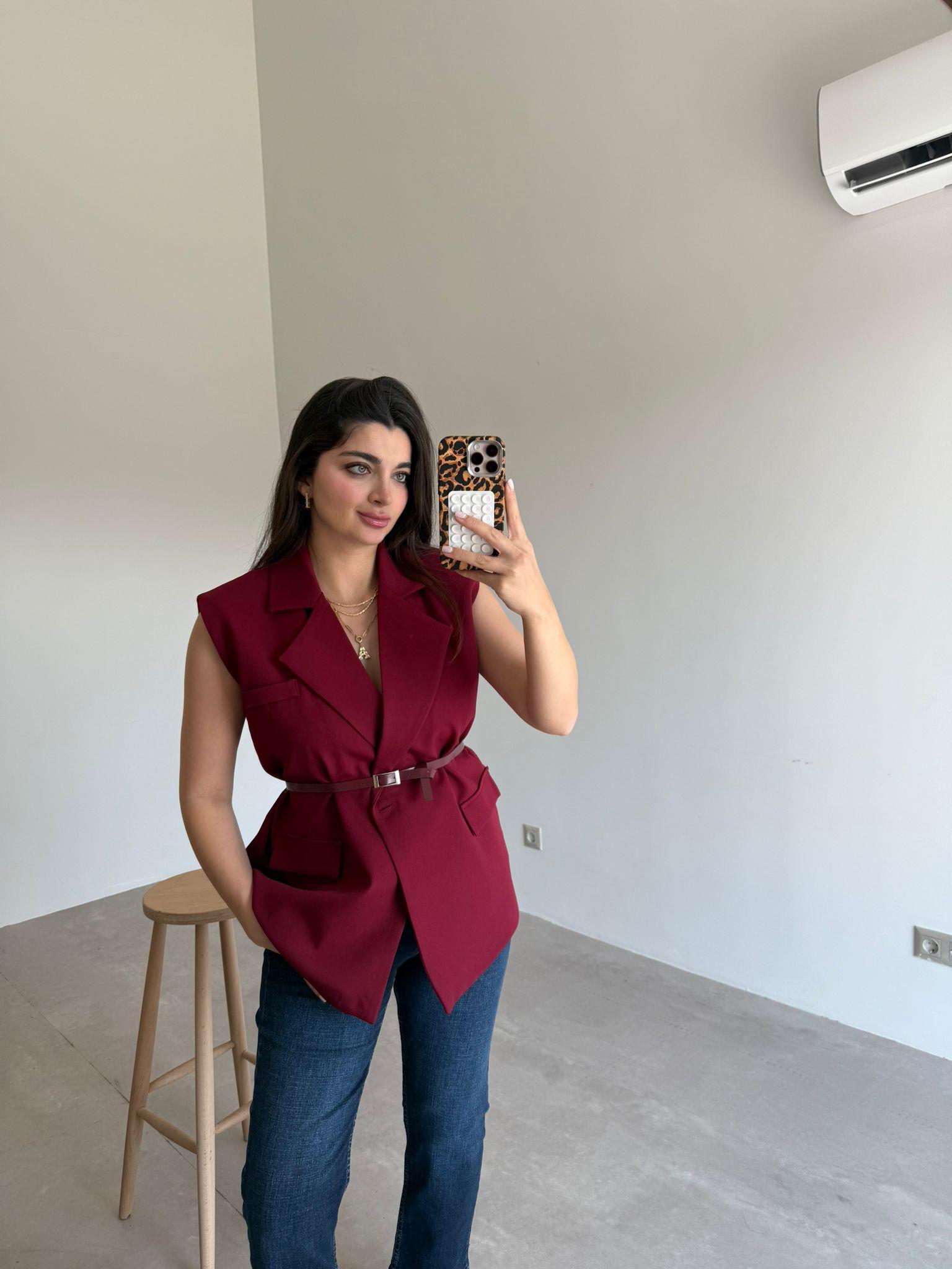 Bordo Vatka Detaylı Kemerli Yelek