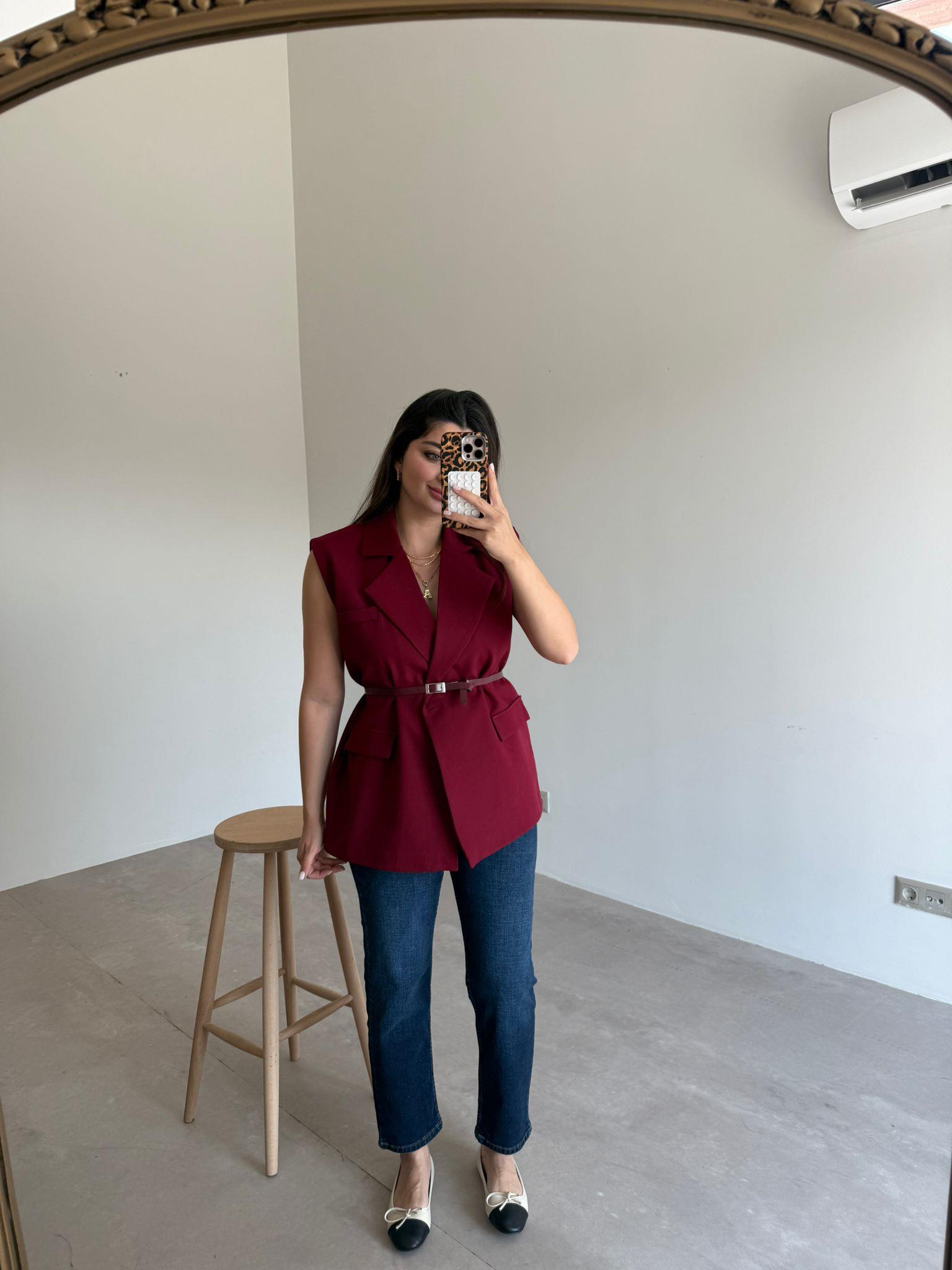 Bordo Vatka Detaylı Kemerli Yelek