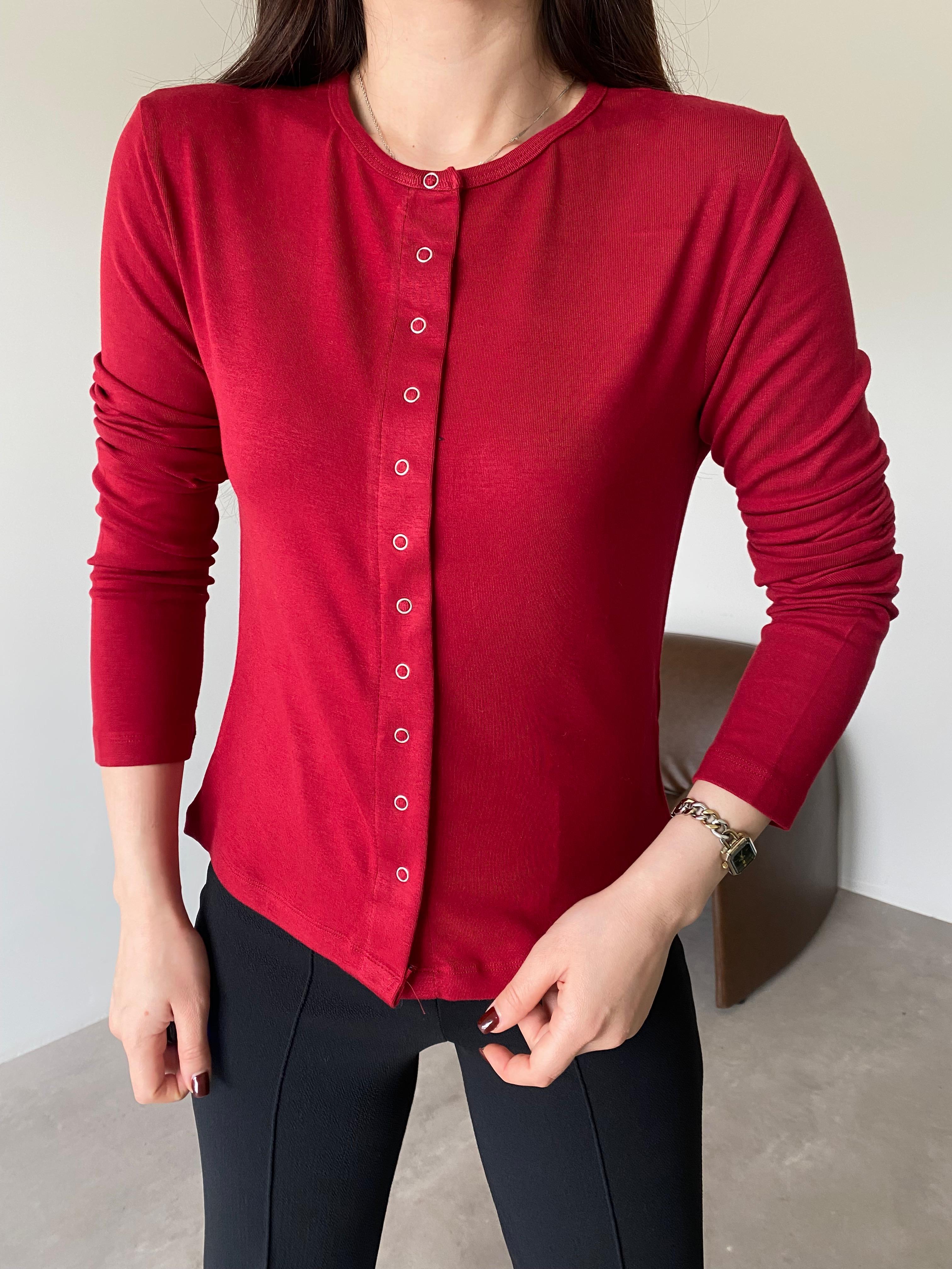 Bordo Yumuşak Dokulu Çıtçıtlı Bluz