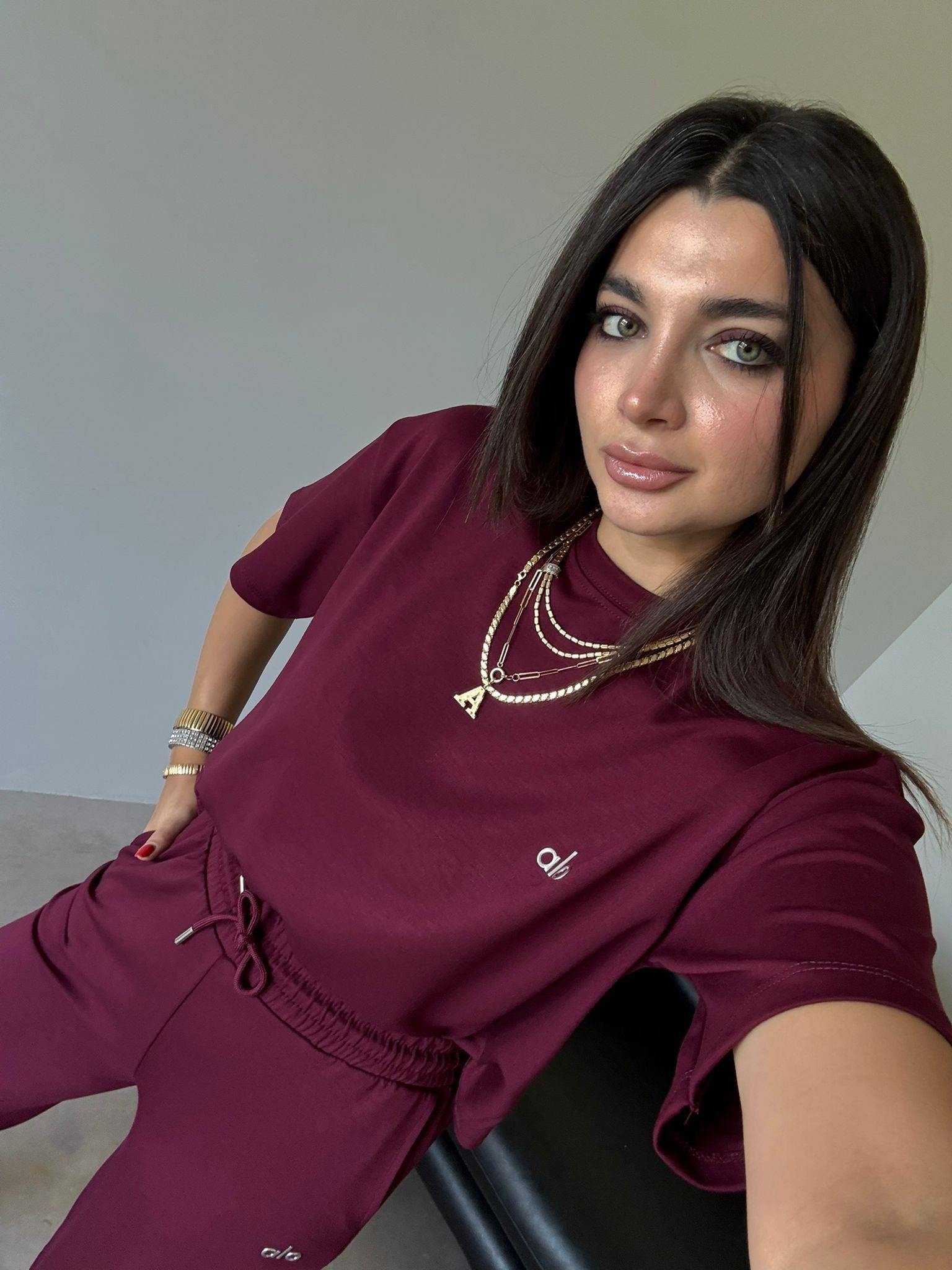 Bordo Yumuşak Dokulu Kısa Kol Takım