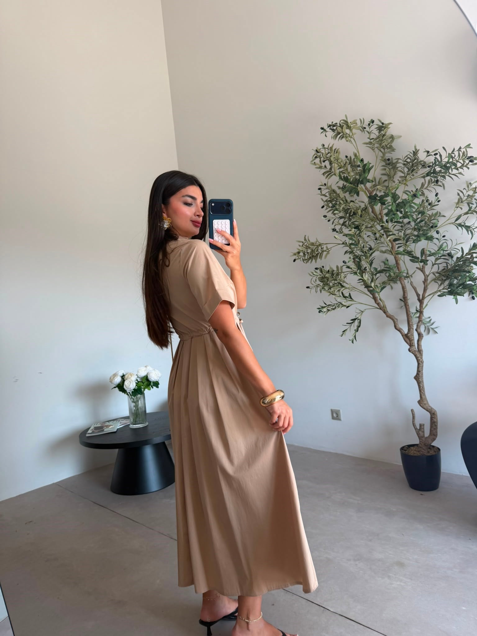 Camel Beli Büzgülü Uzun Elbise