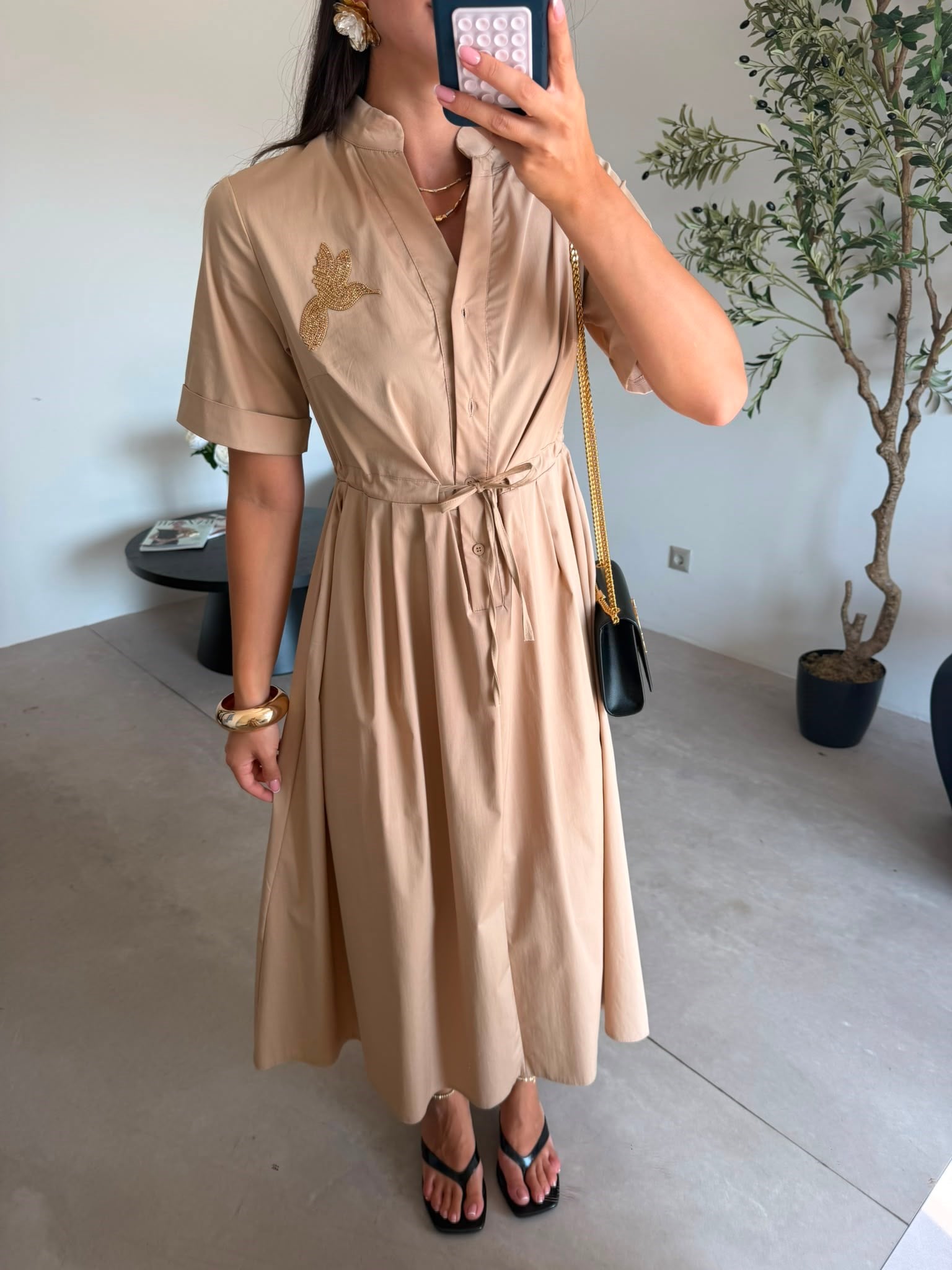Camel Beli Büzgülü Uzun Elbise