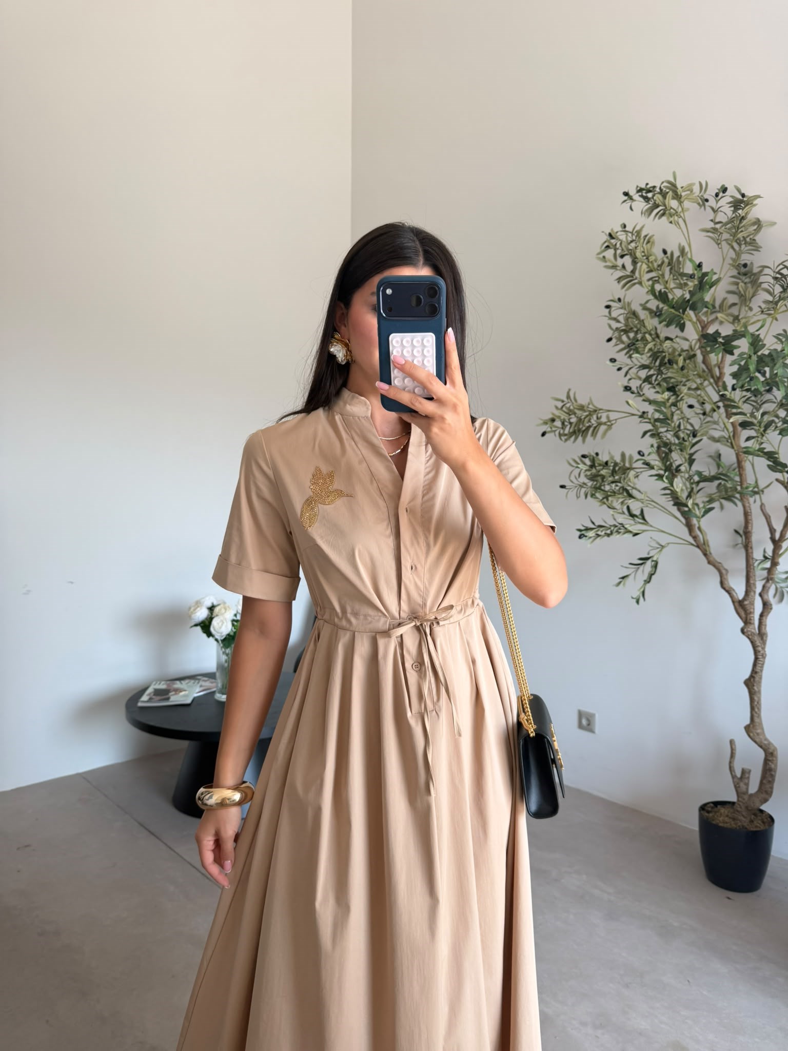 Camel Beli Büzgülü Uzun Elbise
