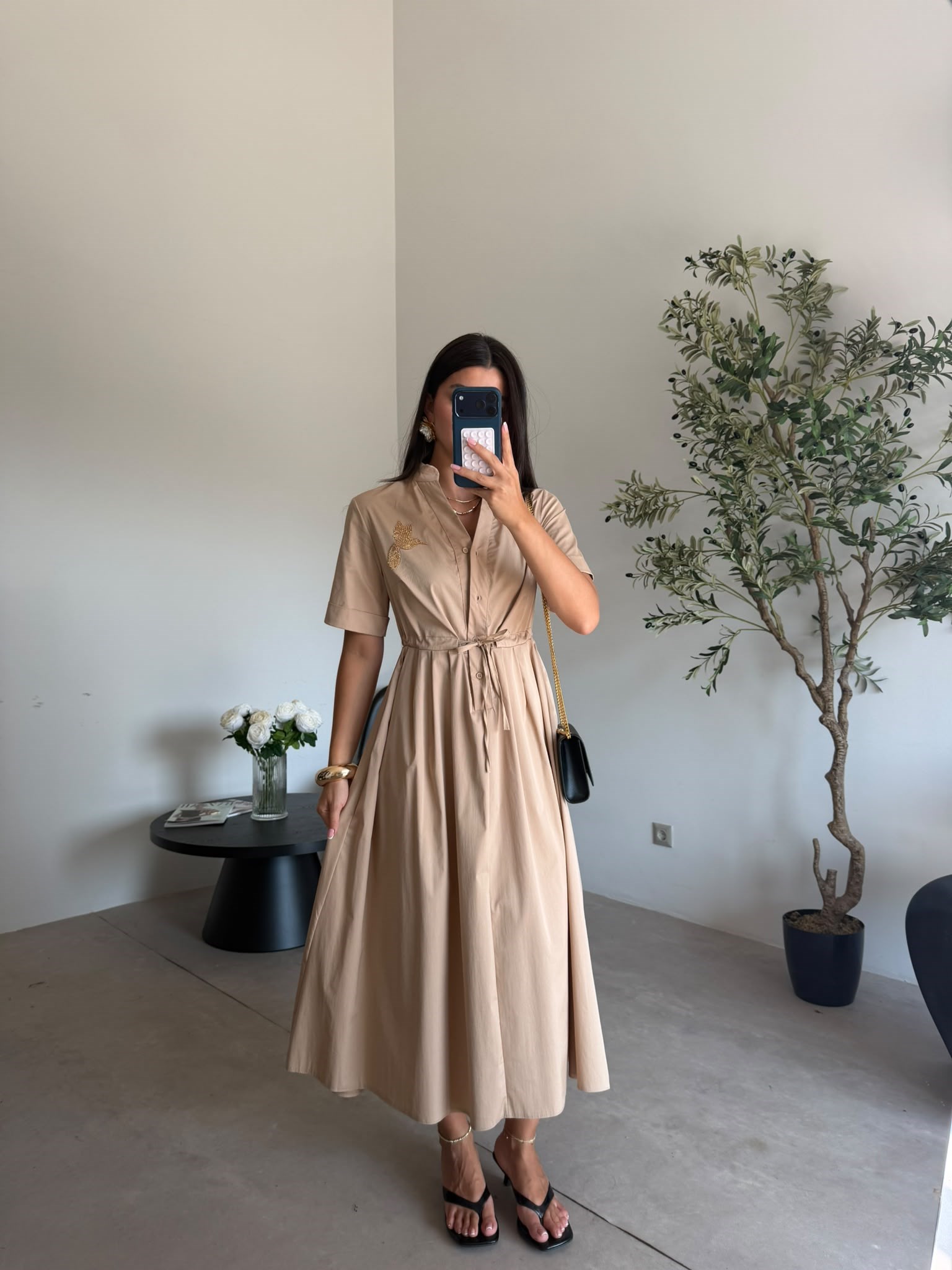 Camel Beli Büzgülü Uzun Elbise