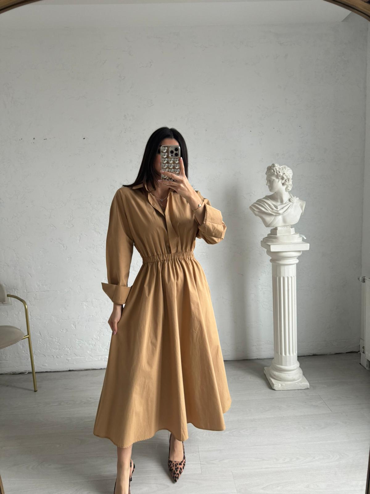 Camel Beli Lastikli Poplin Elbise