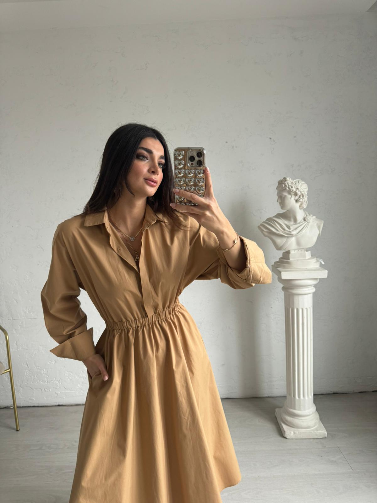 Camel Beli Lastikli Poplin Elbise