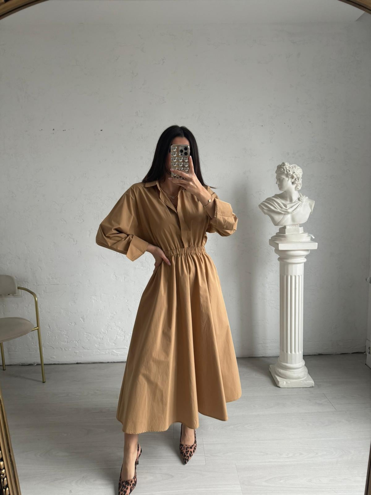 Camel Beli Lastikli Poplin Elbise