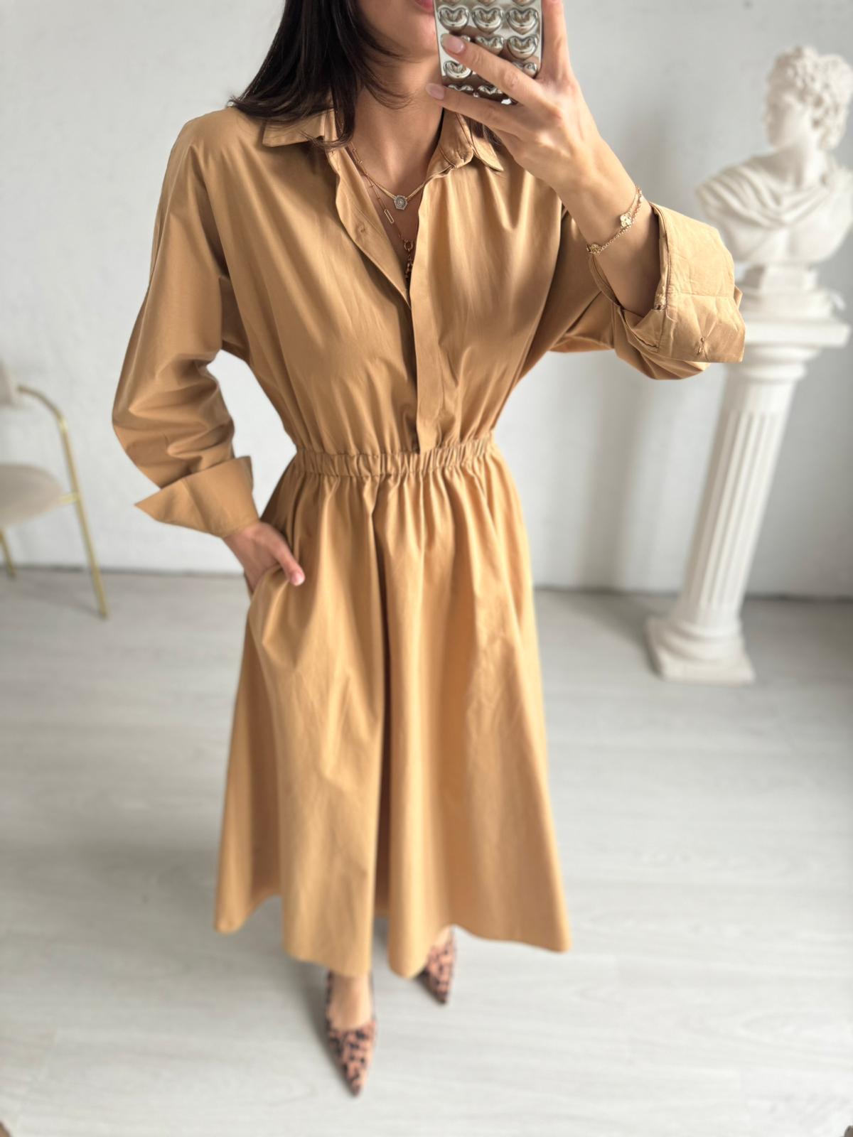 Camel Beli Lastikli Poplin Elbise