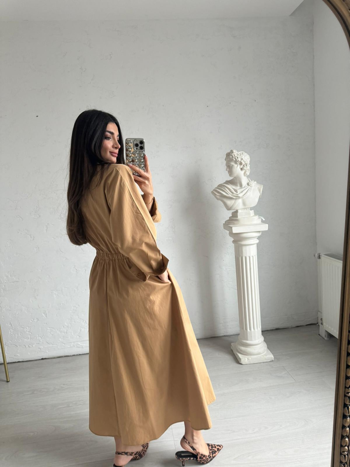 Camel Beli Lastikli Poplin Elbise