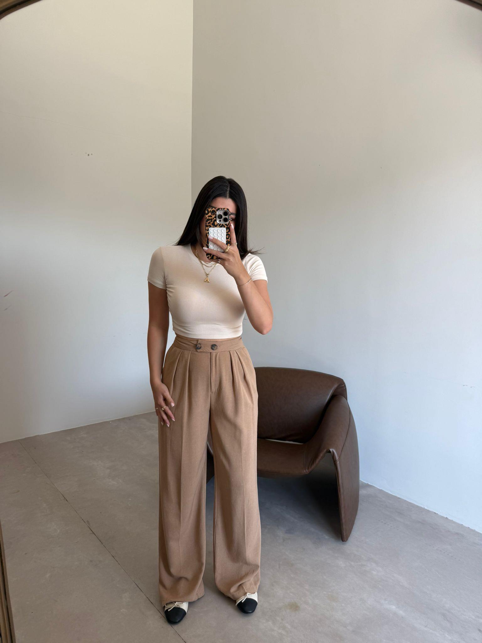 Camel Çift Düğmeli Palazzo Keten Pantolon