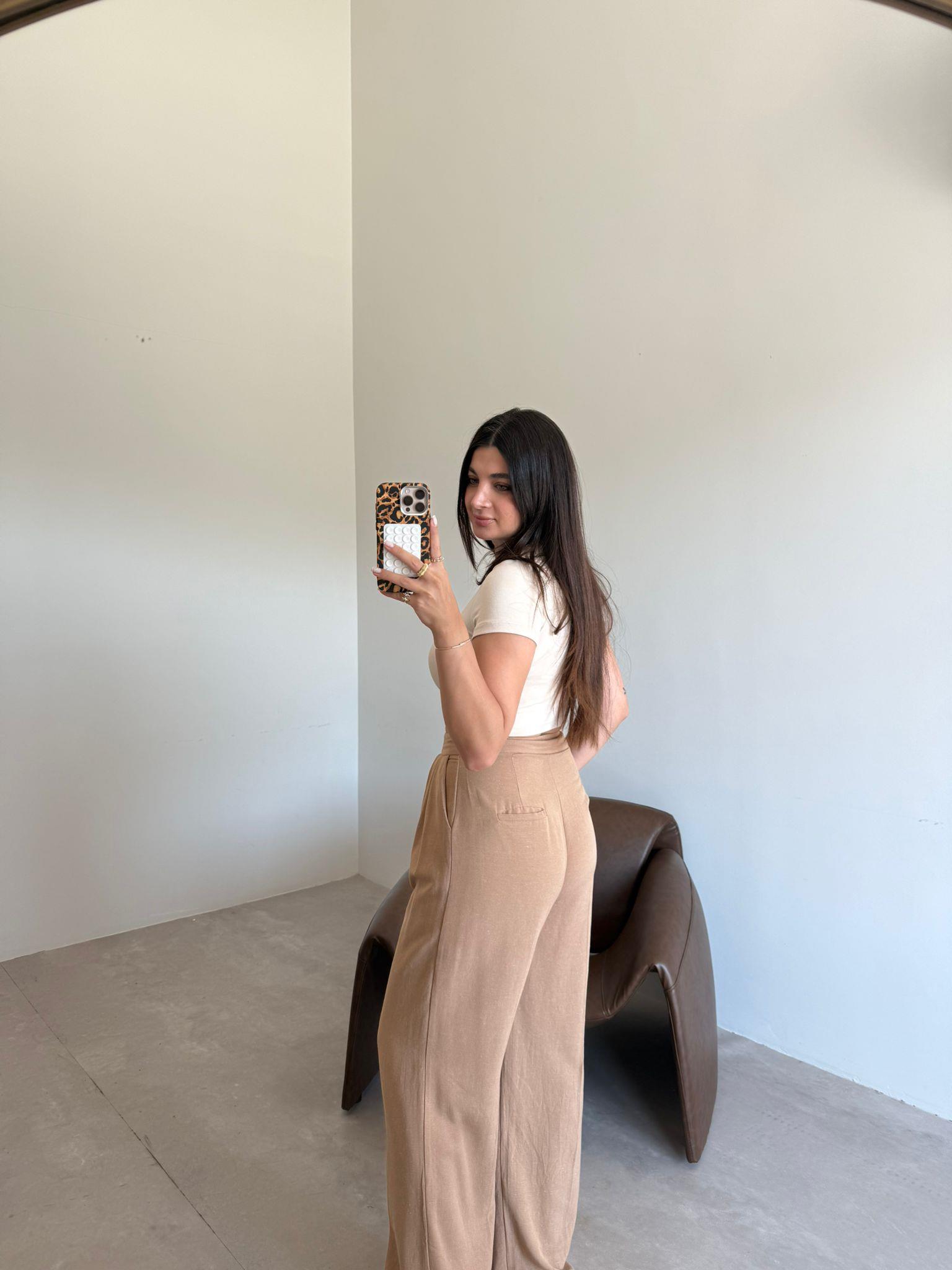 Camel Çift Düğmeli Palazzo Keten Pantolon