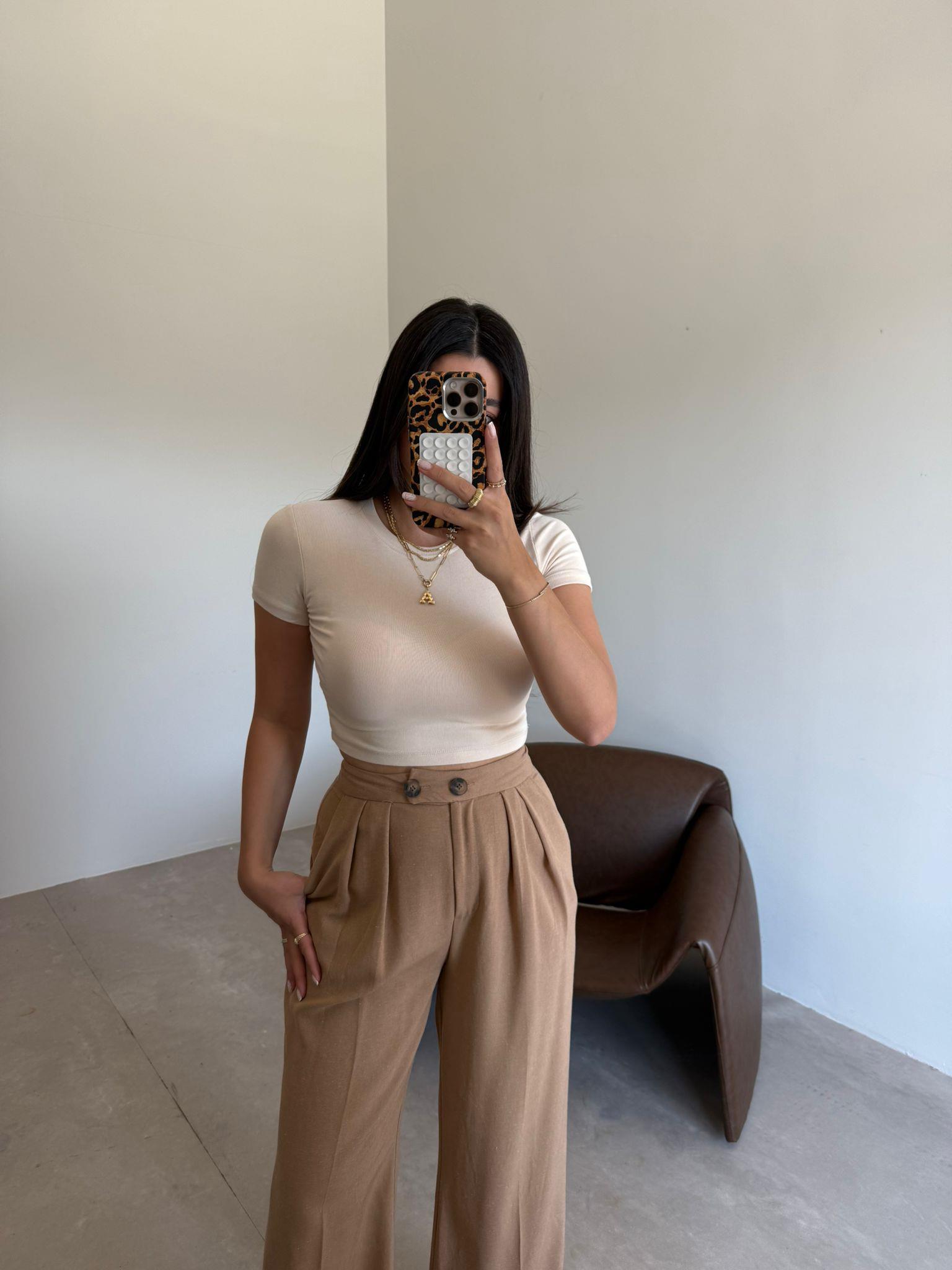 Camel Çift Düğmeli Palazzo Keten Pantolon
