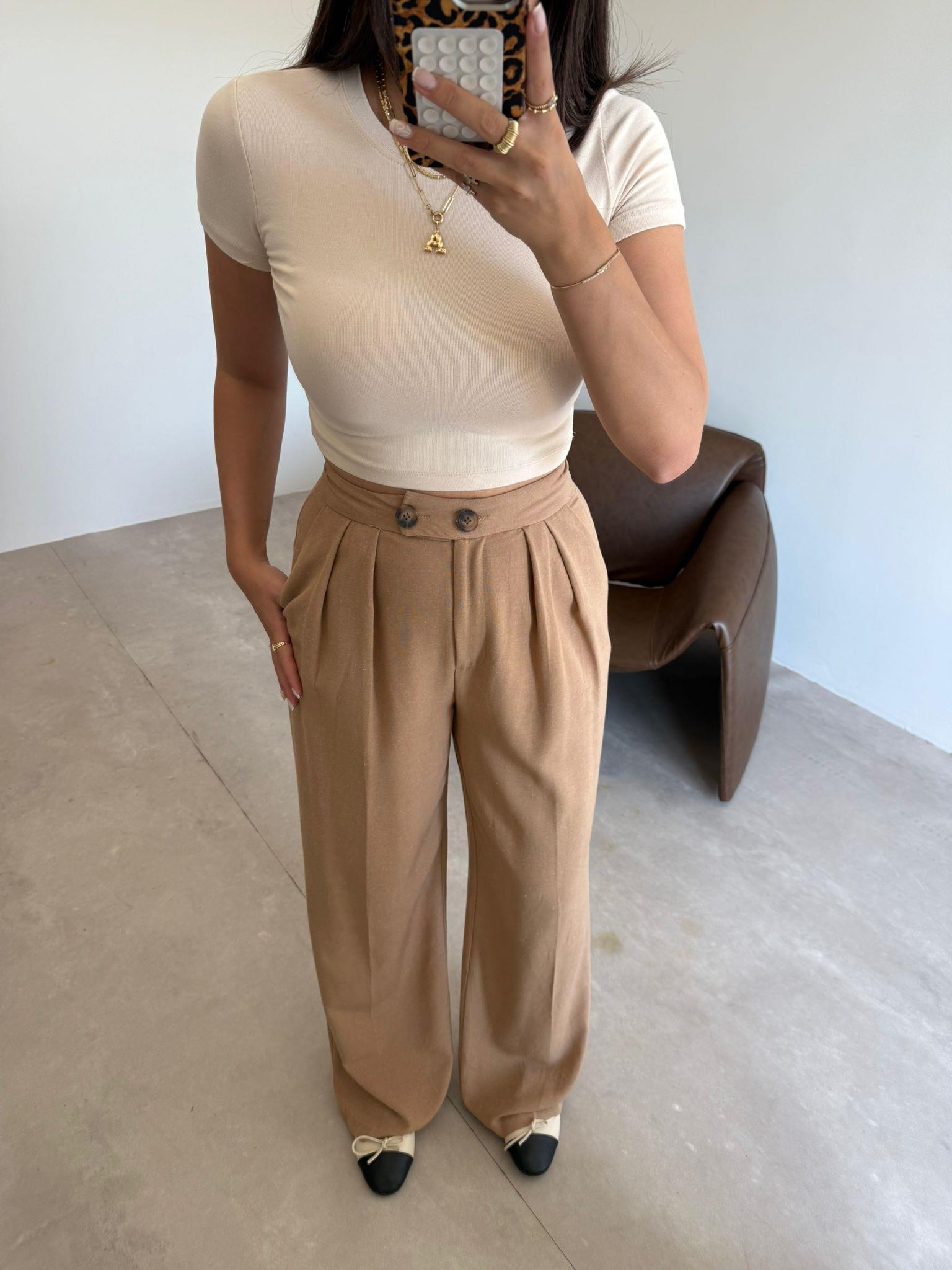 Camel Çift Düğmeli Palazzo Keten Pantolon