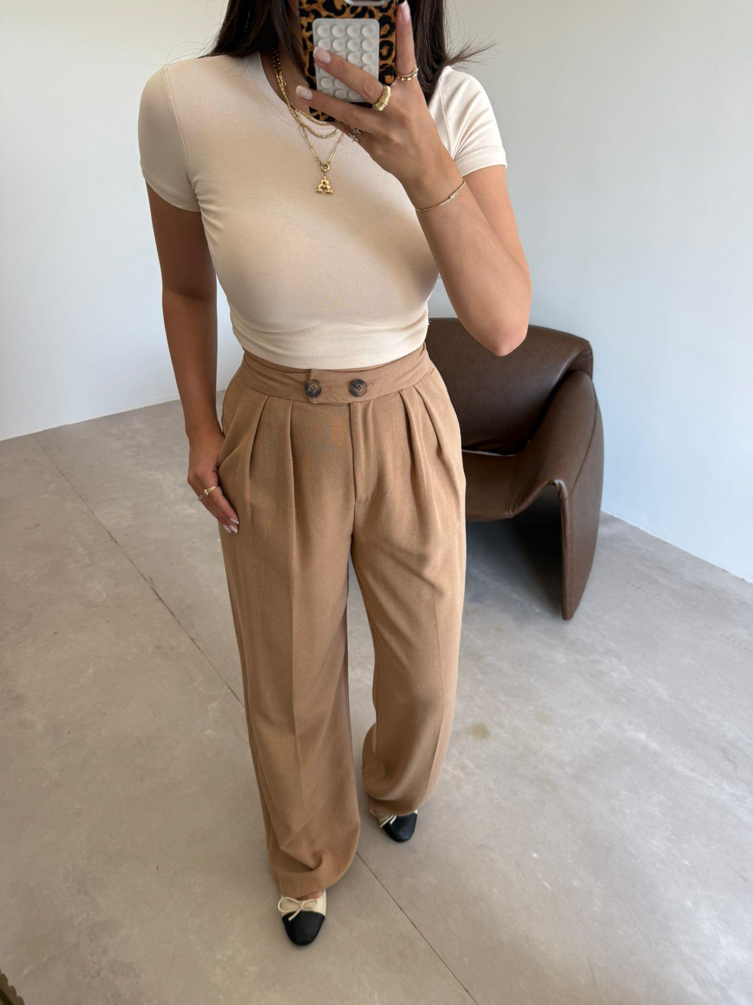 Camel Çift Düğmeli Palazzo Keten Pantolon