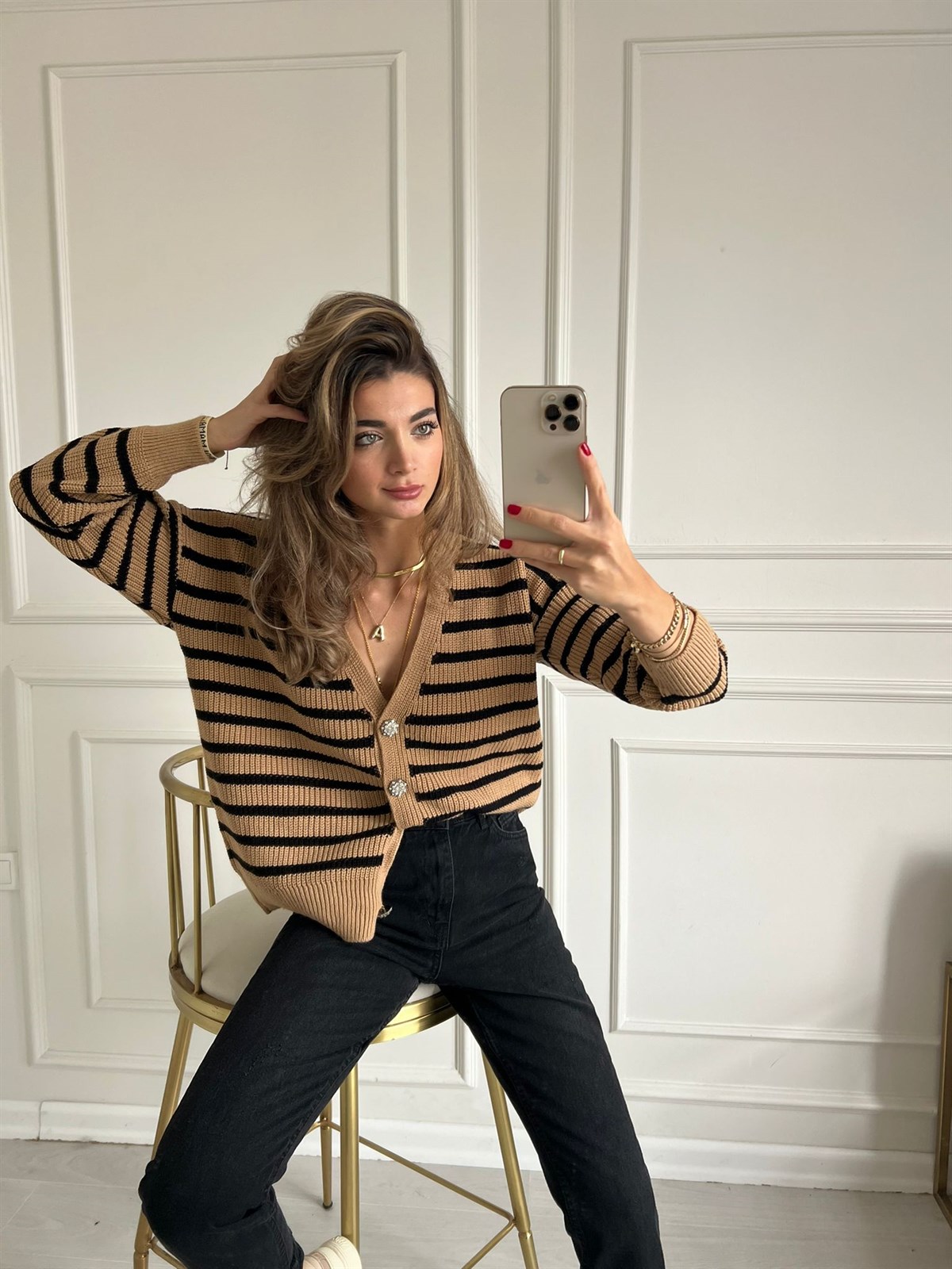 Camel Çizgili Taş Düğmeli Hırka