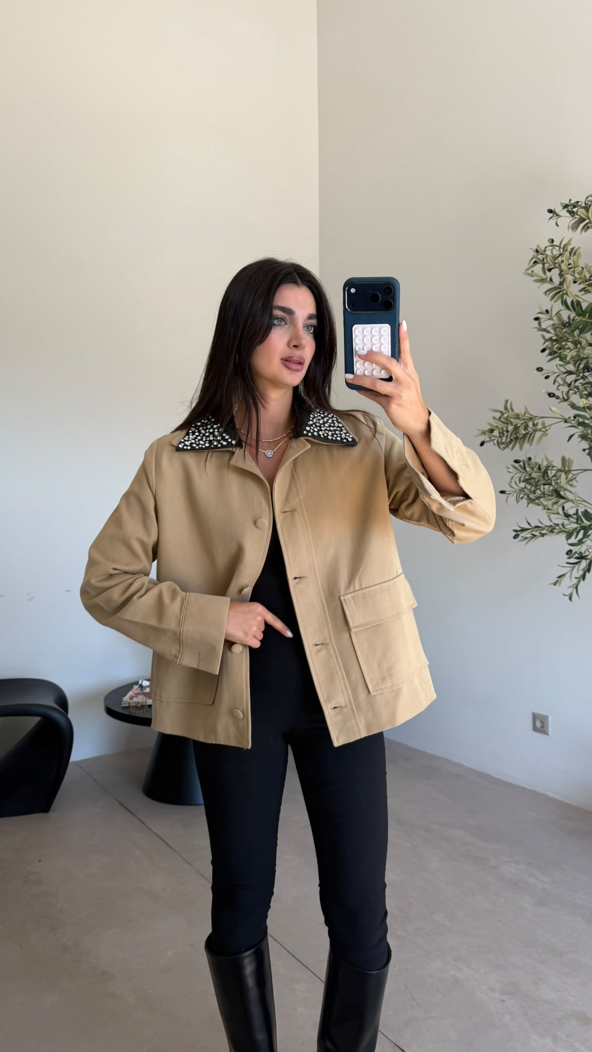 Camel Deri Yaka Taşlı Ceket