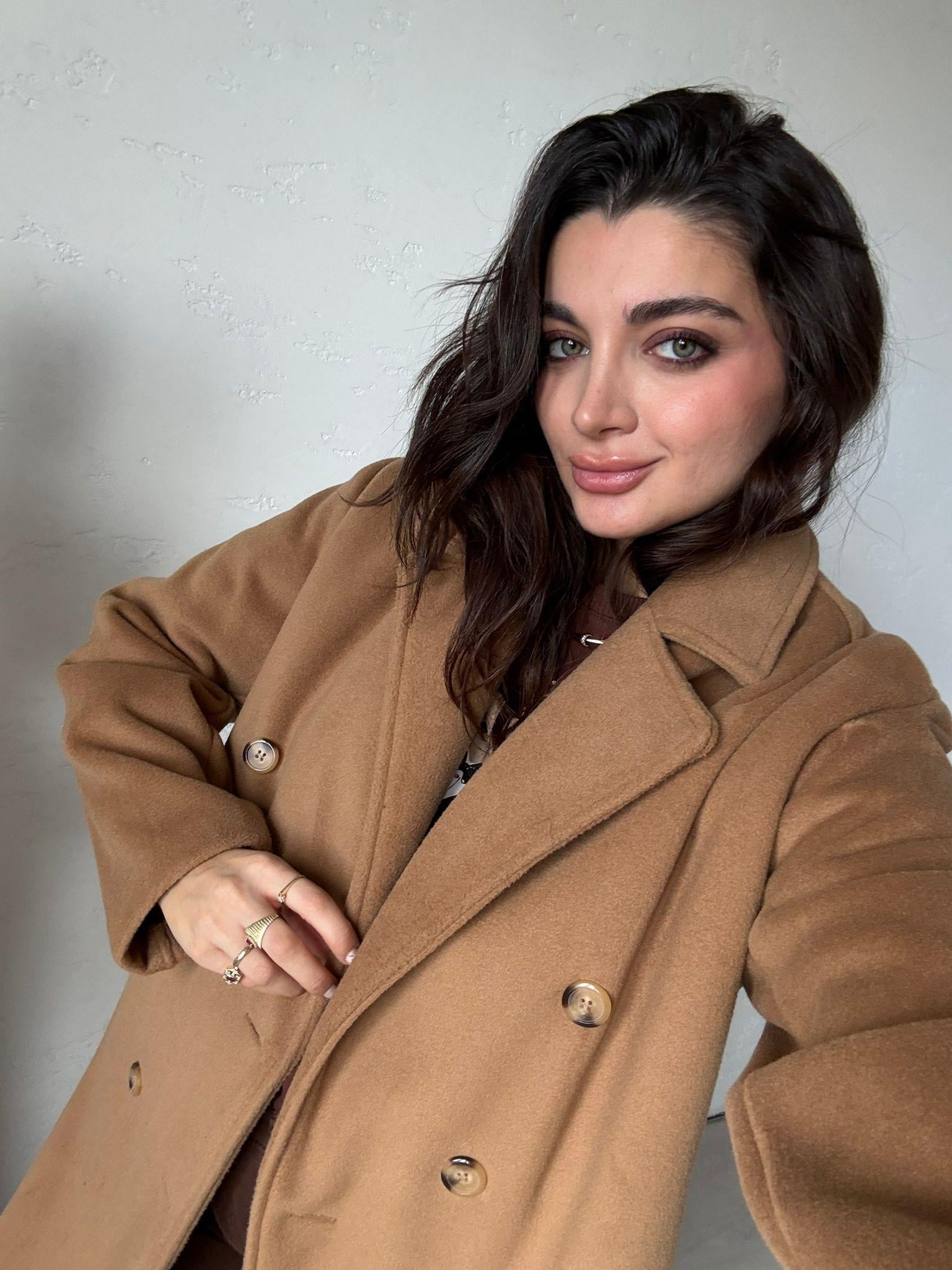 Camel Düğme Detaylı Kaşe Kaban