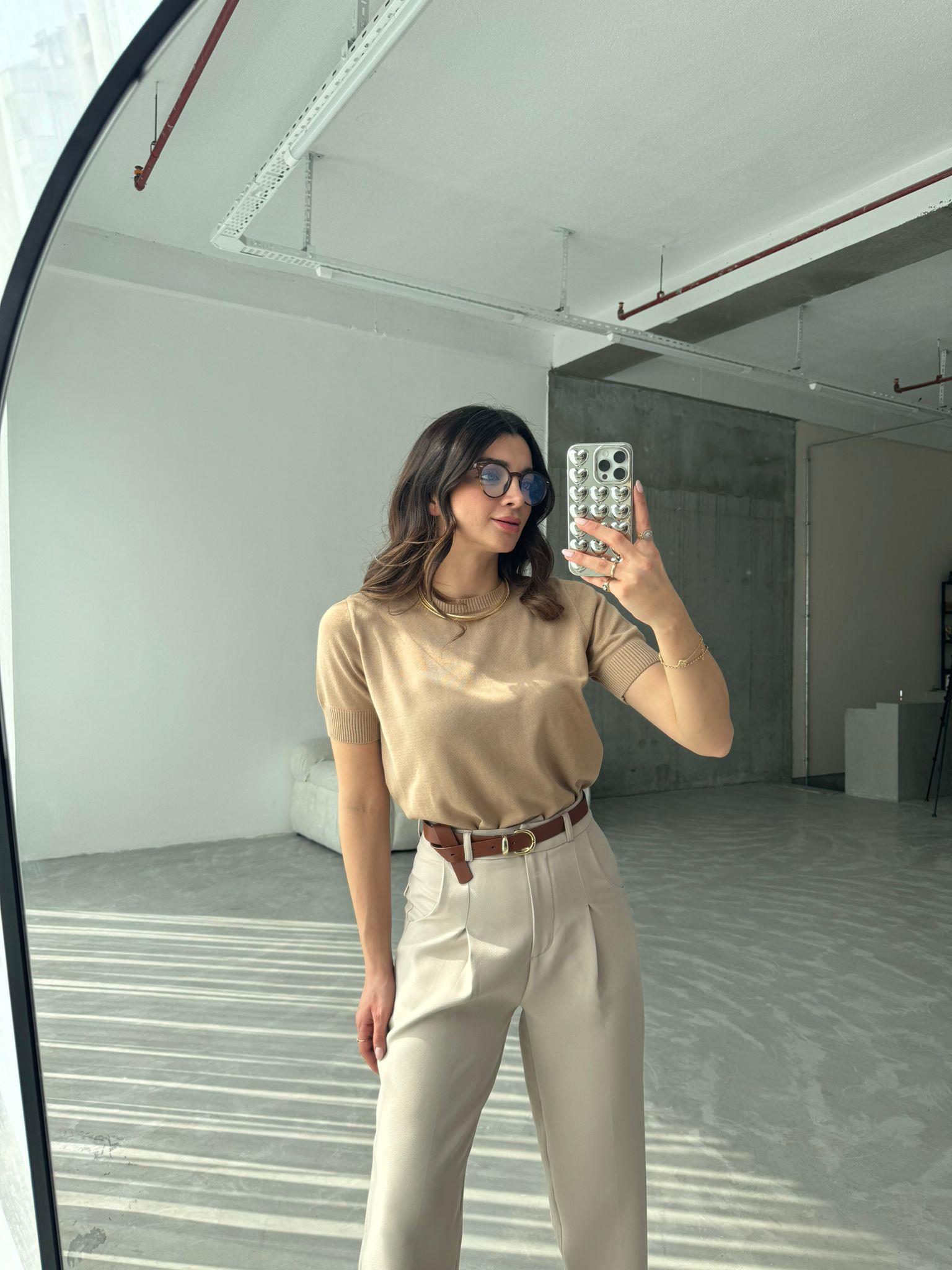 Camel Kısa Kollu Triko Bluz 