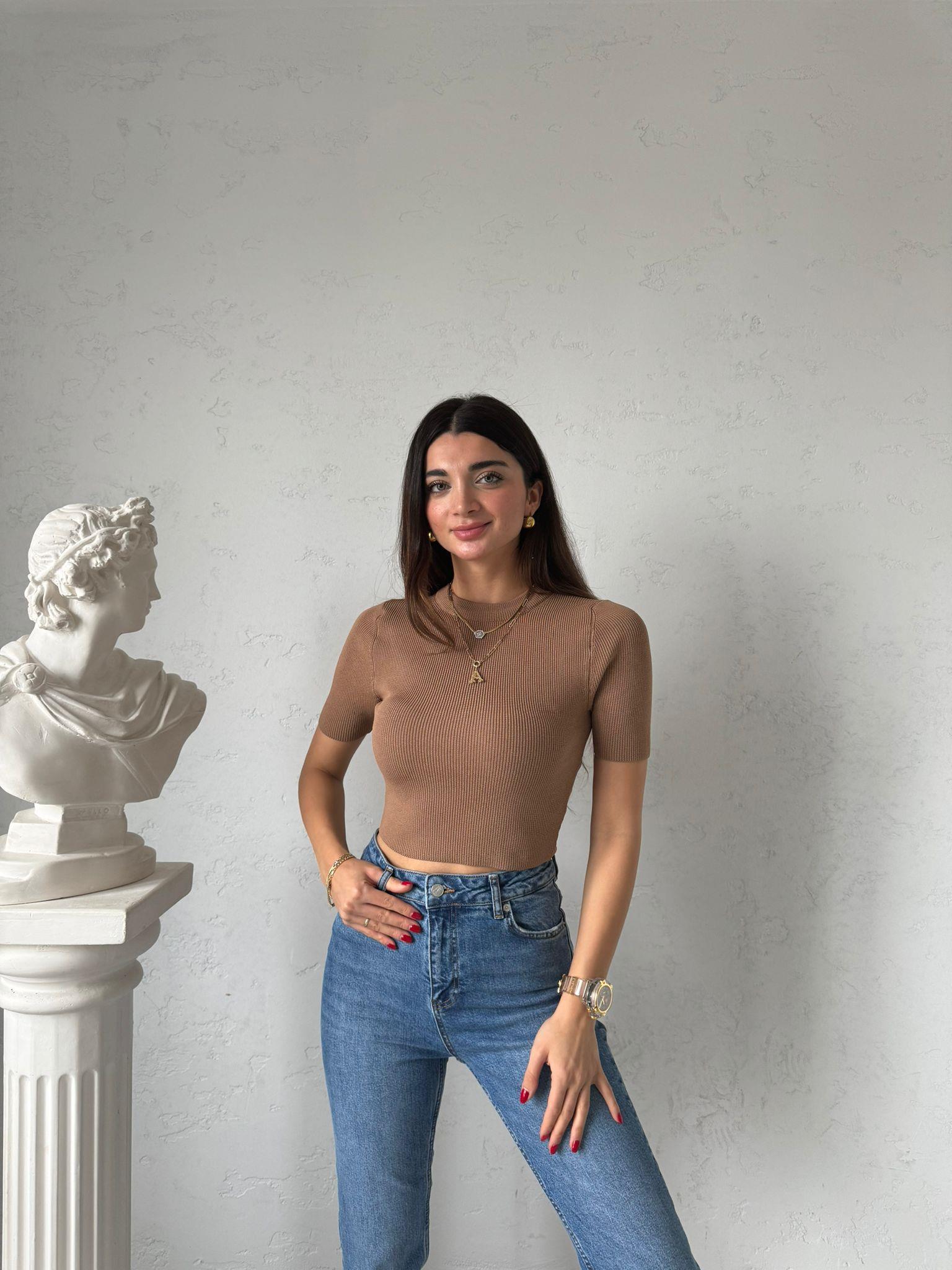 Camel Kısa Kollu Triko Bluz
