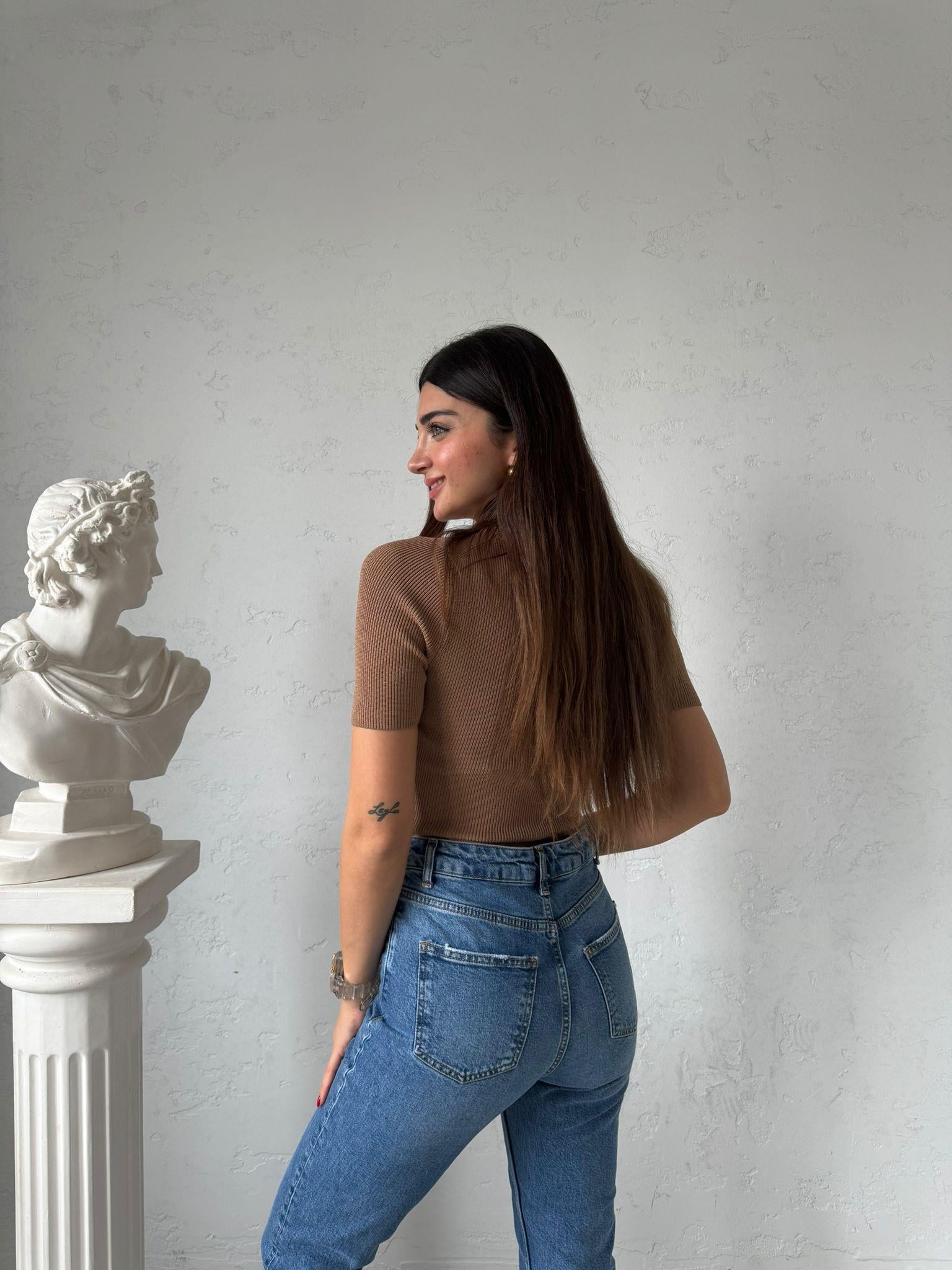 Camel Kısa Kollu Triko Bluz