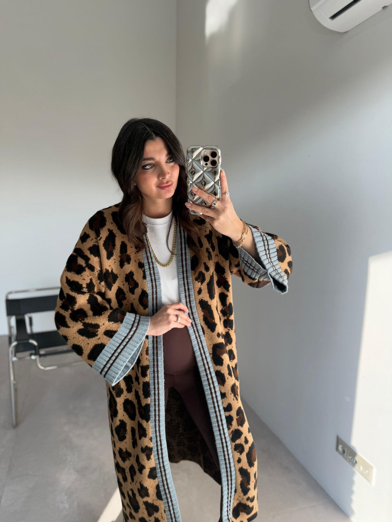 Camel Mavi Şeritli Leopar Uzun Hırka