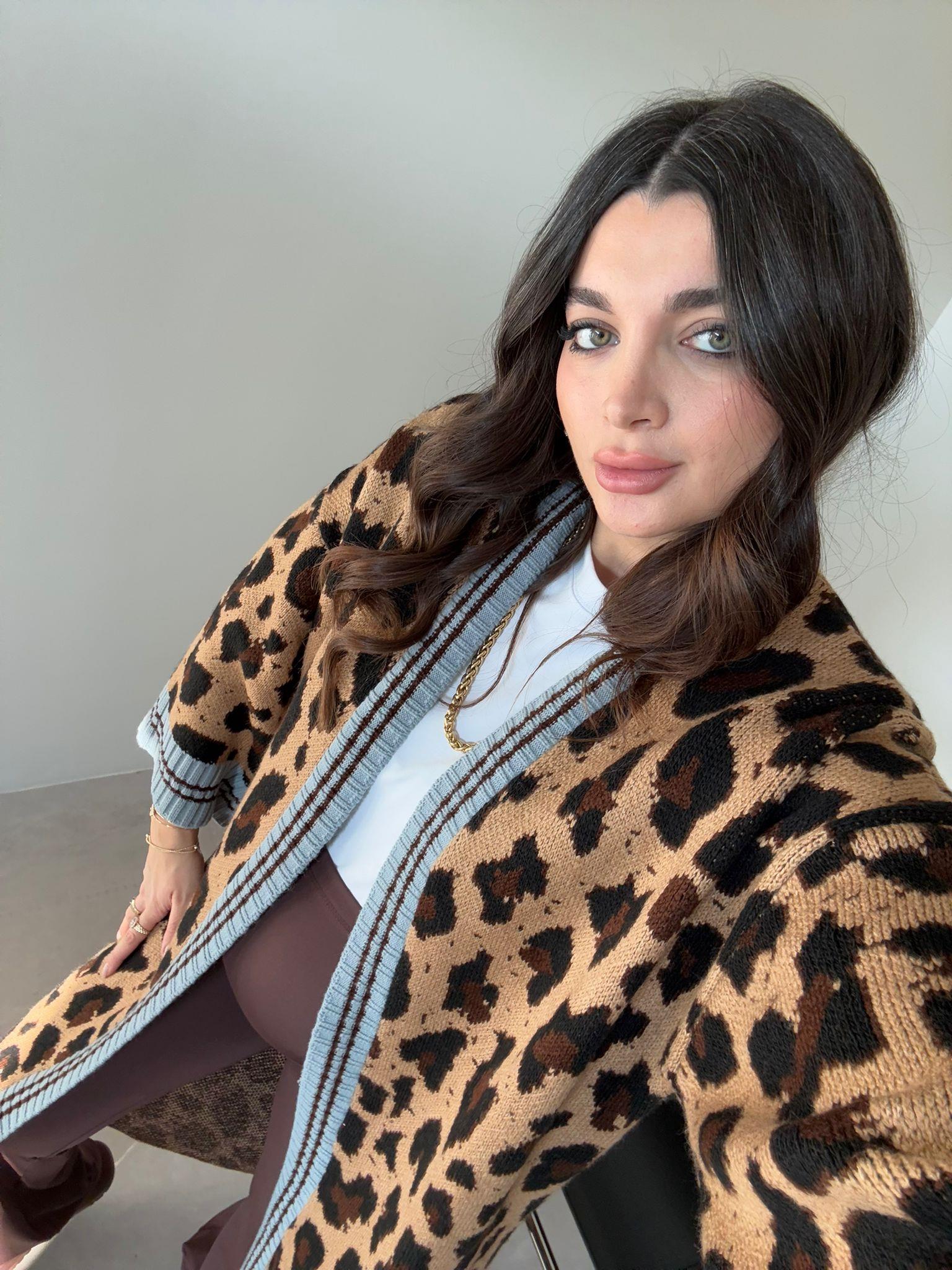 Camel Mavi Şeritli Leopar Uzun Hırka