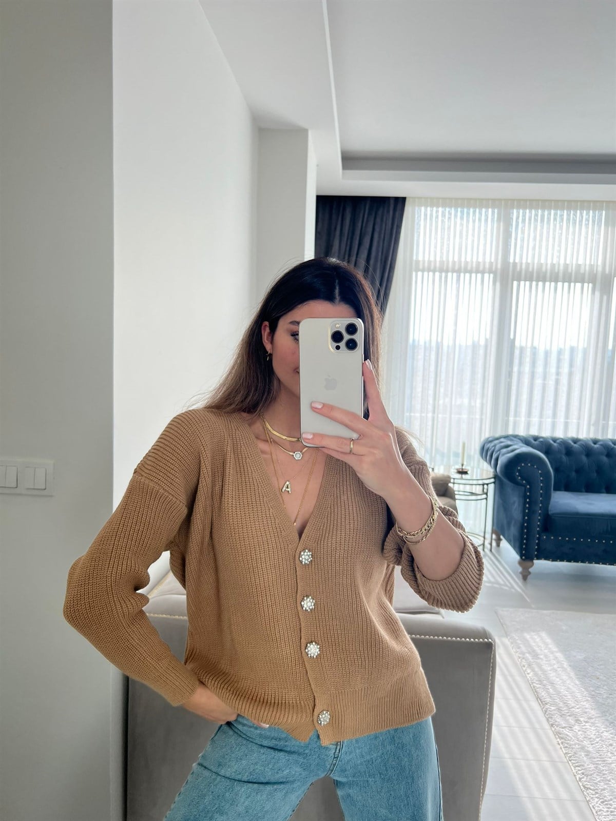 Camel Taş Düğmeli Hırka