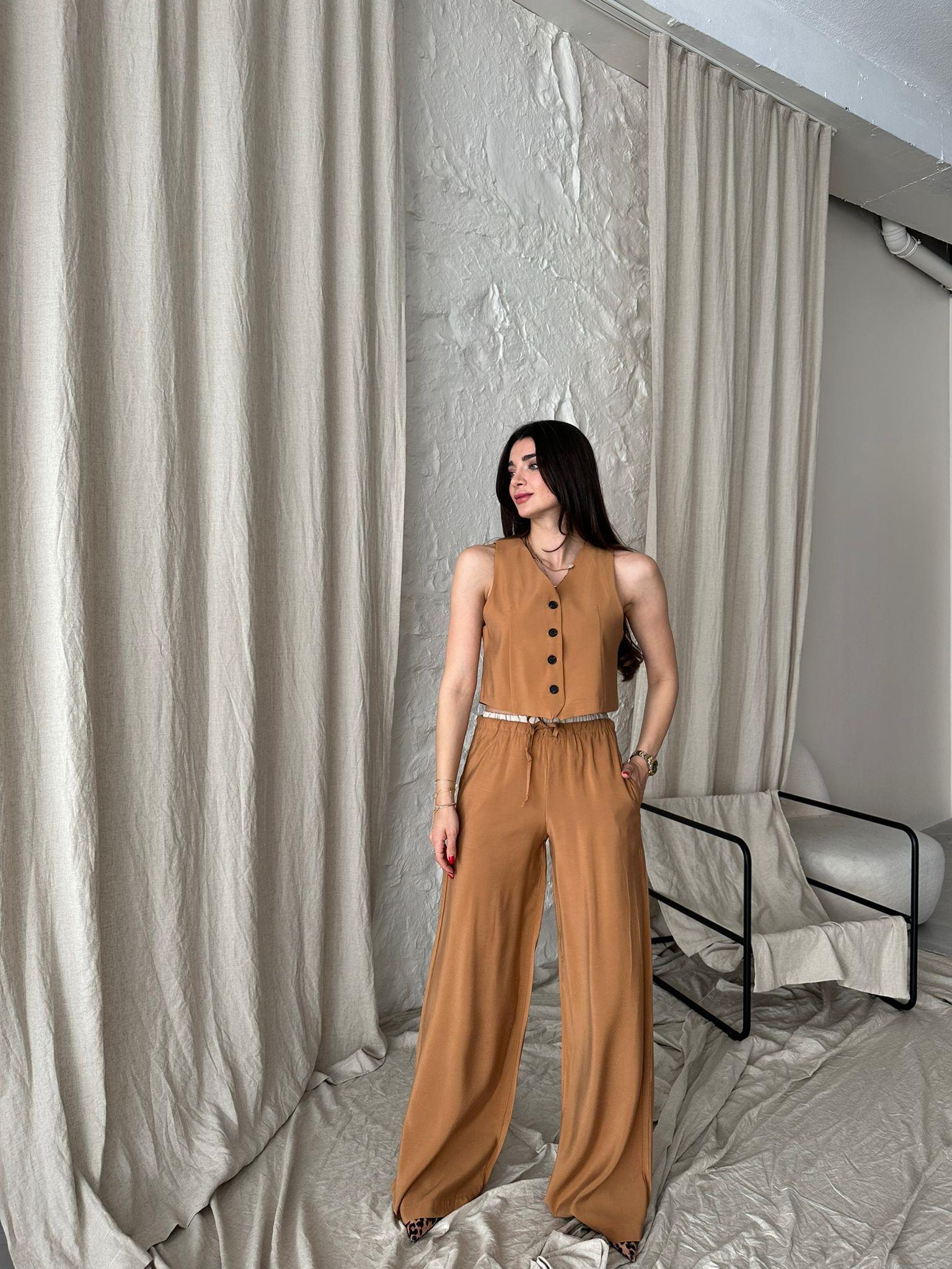 Camel Yelekli Poplin Takım
