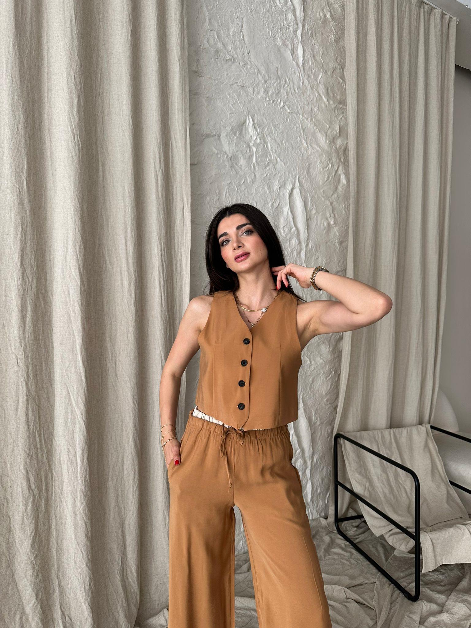 Camel Yelekli Poplin Takım