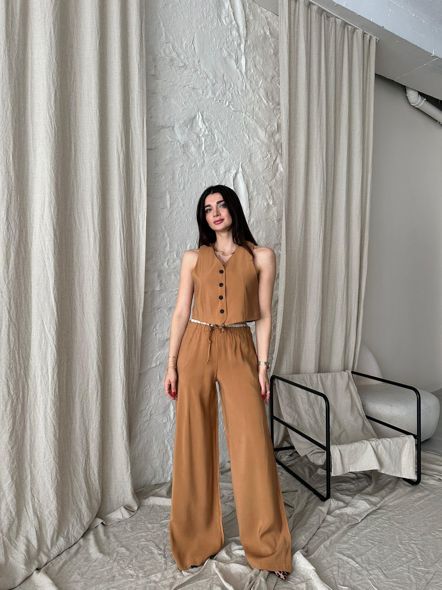 Camel Yelekli Poplin Takım
