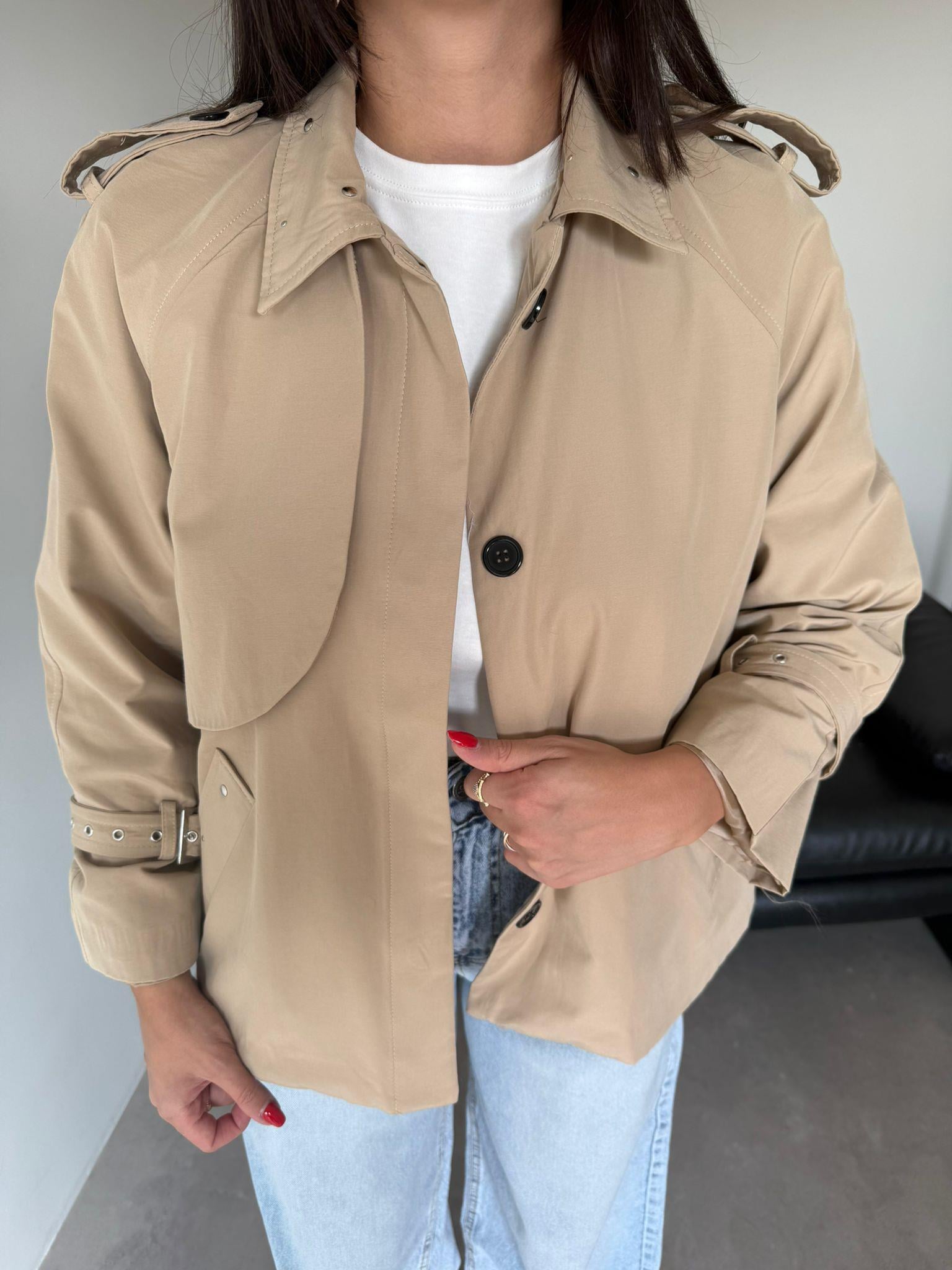 Camel Zımba Detaylı Trenç Ceket